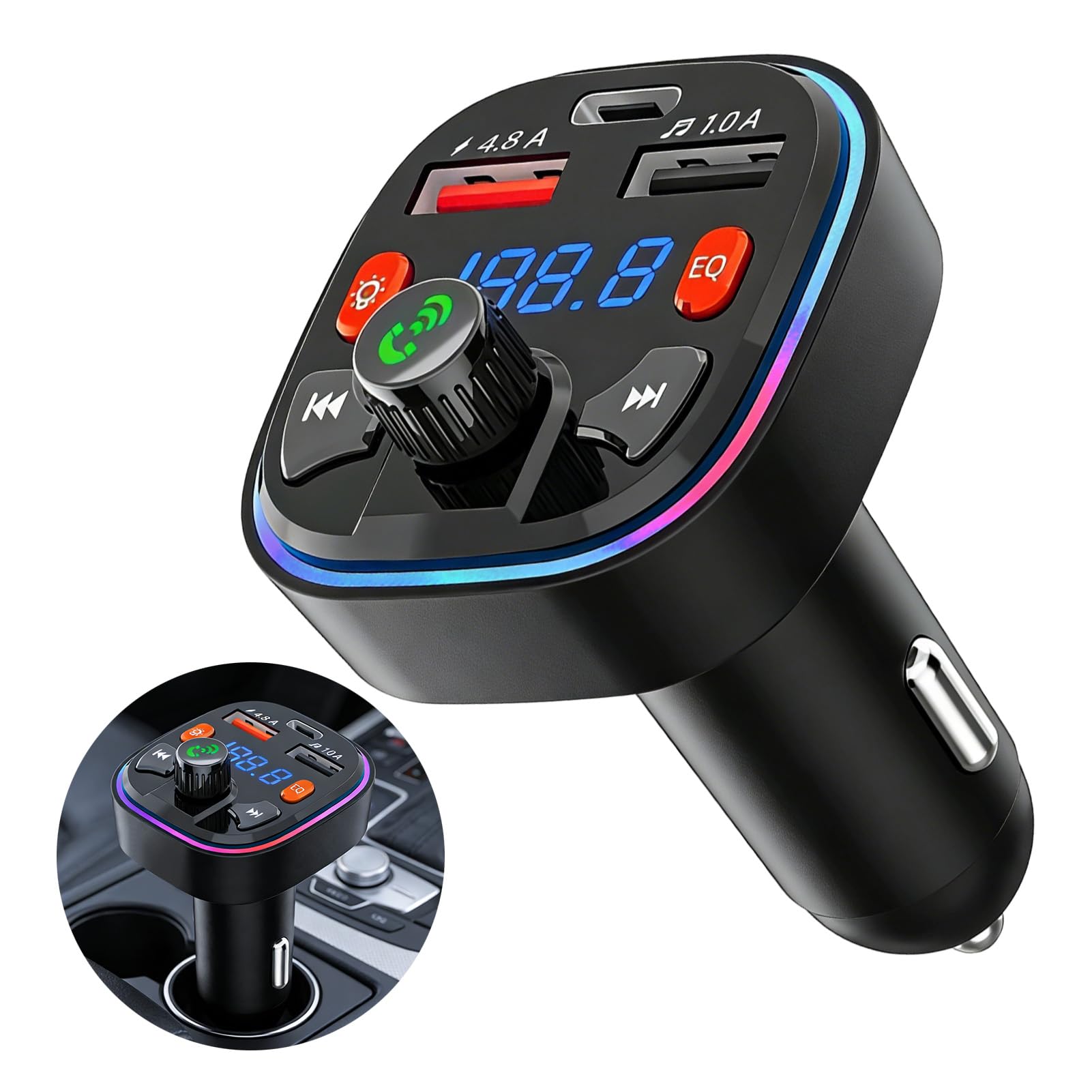 Bluetooth Car FM Transmitter, Bluetooth 5.0 Car Accessories | Radio Adapter, Compatibility with 2 USB + Type C, Hands-Free Calls