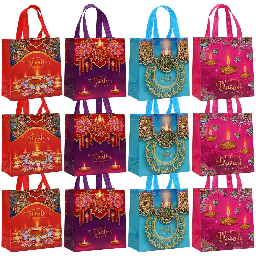 Ppmter Colorful 12 Pcs Diwali Gift Bags Happy Diwali Non-Woven Favors Bags With Handle Reusable Treat Goodie Bags For Indian Deepavali Festival Party Decorations