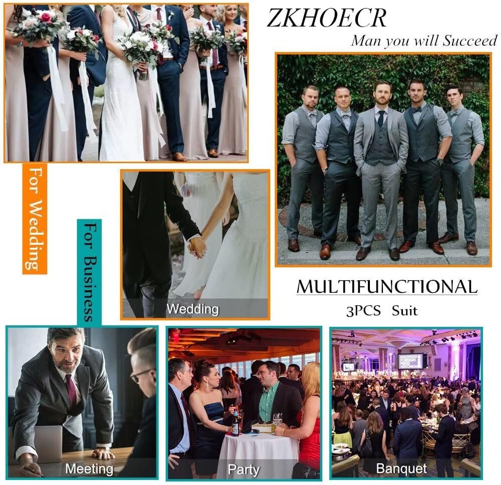 Men's 3 Piece Slim Fit Suit One Button Shawl Lapel Jacket Vest Pants Tuxedo Set with Bow Tie Pocket Square - Image 6