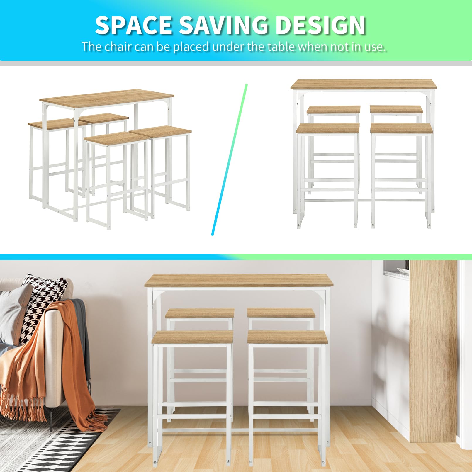 Mesa Alta Cocina con Taburetes, Conjunto Mesa y Sillas Comedor, Adecuada para Cocina, Comedor, Bar, Mesa de Bar 100 × 50 × 90 CM, 4 Taburetes 30 × 40 × 65 CM, Blanco