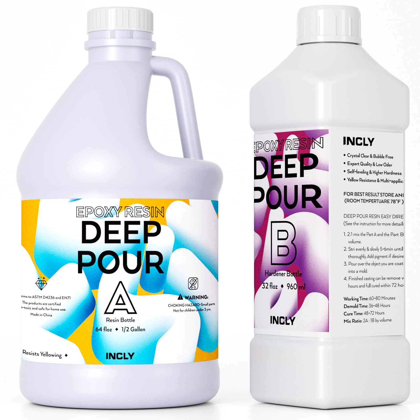 INCLY 0.75 Gallon Deep Pour Epoxy Resin Kit, High Gloss & Bubble Free 2 to 4 Inch Depth Art Resin for Craft River Table, Wood Filler, Bar Top, Coating, Casting, Food Safe Self Leveling Epoxy Resin 2:1