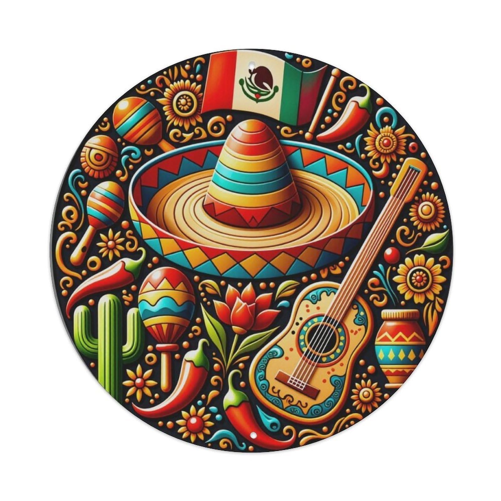 Mexican Folk Culture Colorful Round Decor Sign Vintage Aluminium Metal Sign, Retro Wall Decor for Home, Bar, Garage & Farmhouse 20x20cm