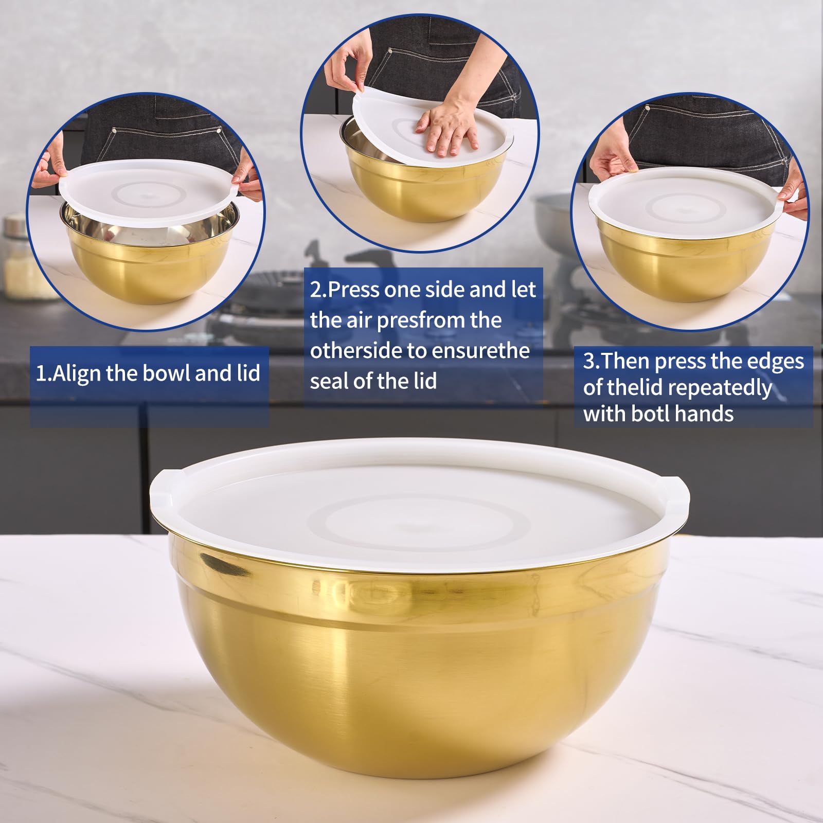 Gold Rührschüsseln mit luftdichten Deckeln, Edelstahl Nesting Mixing Bowls Set von 5 Stück, ideal zum Backen, Zubereiten und Servieren von Lebensmitteln, Größe 5,5, 3,6, 2,7, 2,1, 1,5, QT