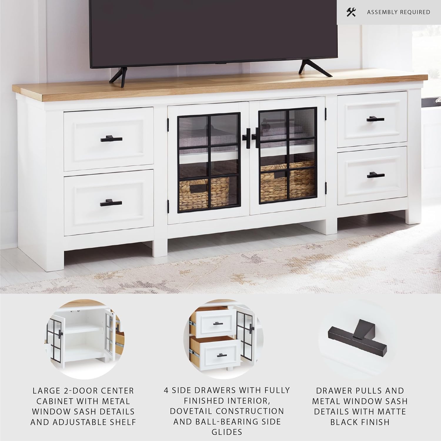 Signature Design by Ashley Ashbryn Casual 4-Drawer 74" TV Stand for TVs up to 84" with Adjustable Shelves, Cabinets, Cord Openings, White & Light Brown