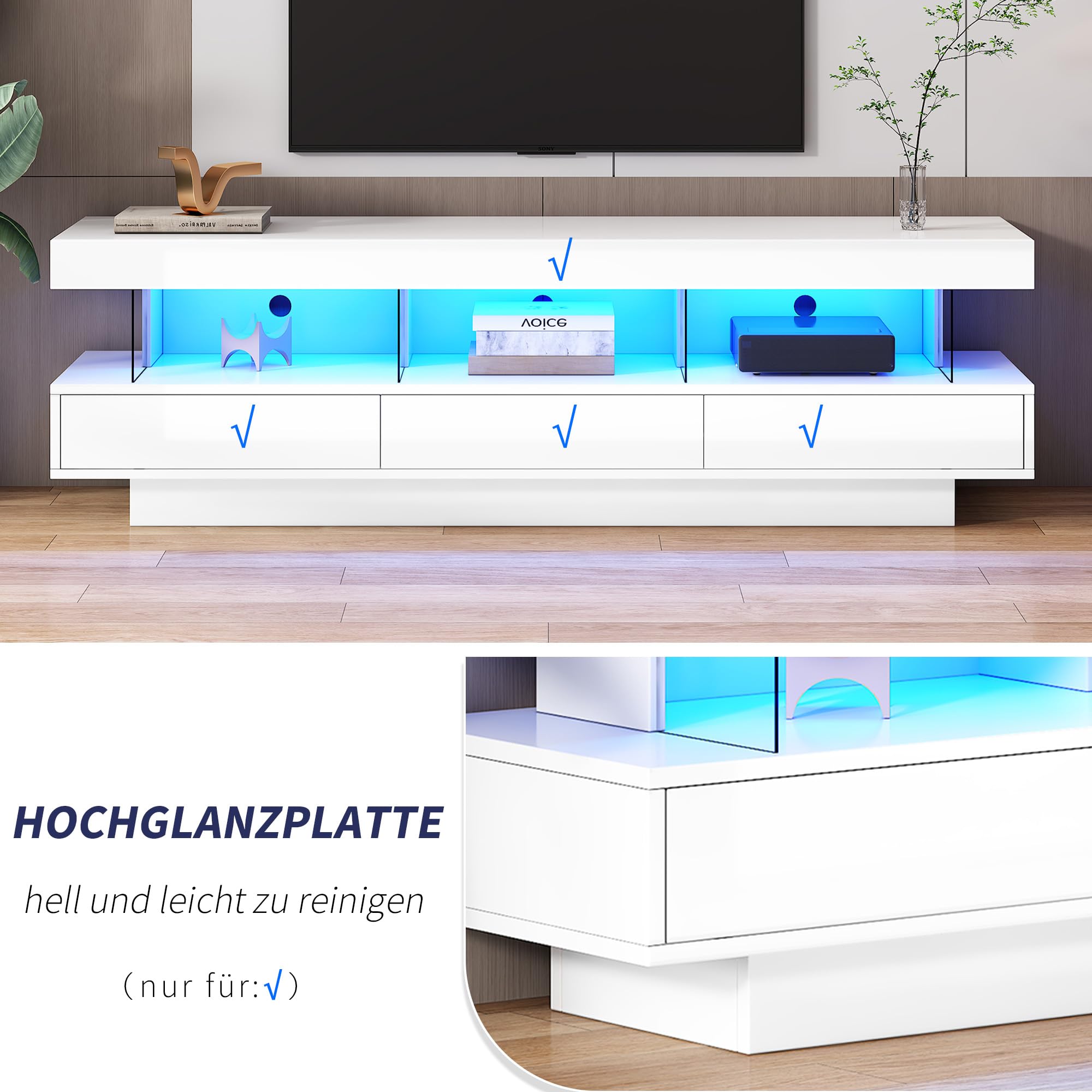 Merax Hochglanz TV Schrank mit LED-Beleuchtung, App-Steuerung, Bluetooth-verbunden, Lowboard Sideboard TV-Kommode Fernsehschrank Fernsehtisch für 70-Zoll-TVs, mit 3 Glasfächern, Weiß/160x38x50.5cm