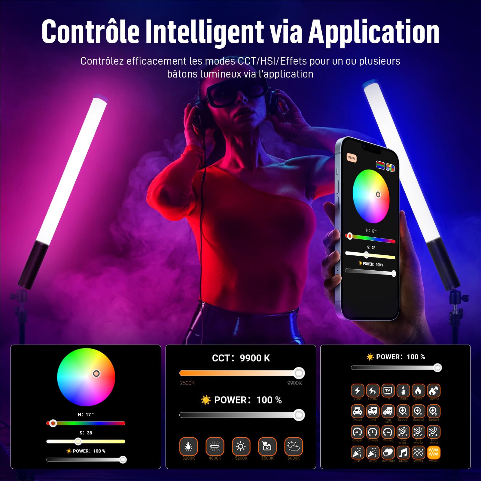Lampe Vidéo LED RGB Tube Lumineux pour Photo avec Contrôle APP, 360° Couleurs Complètes, 2500K-9900K, Luminosité Réglable, 24 Effets, 2600mAh Batterie pour TikTok, Vlog, Youtube, Photographie