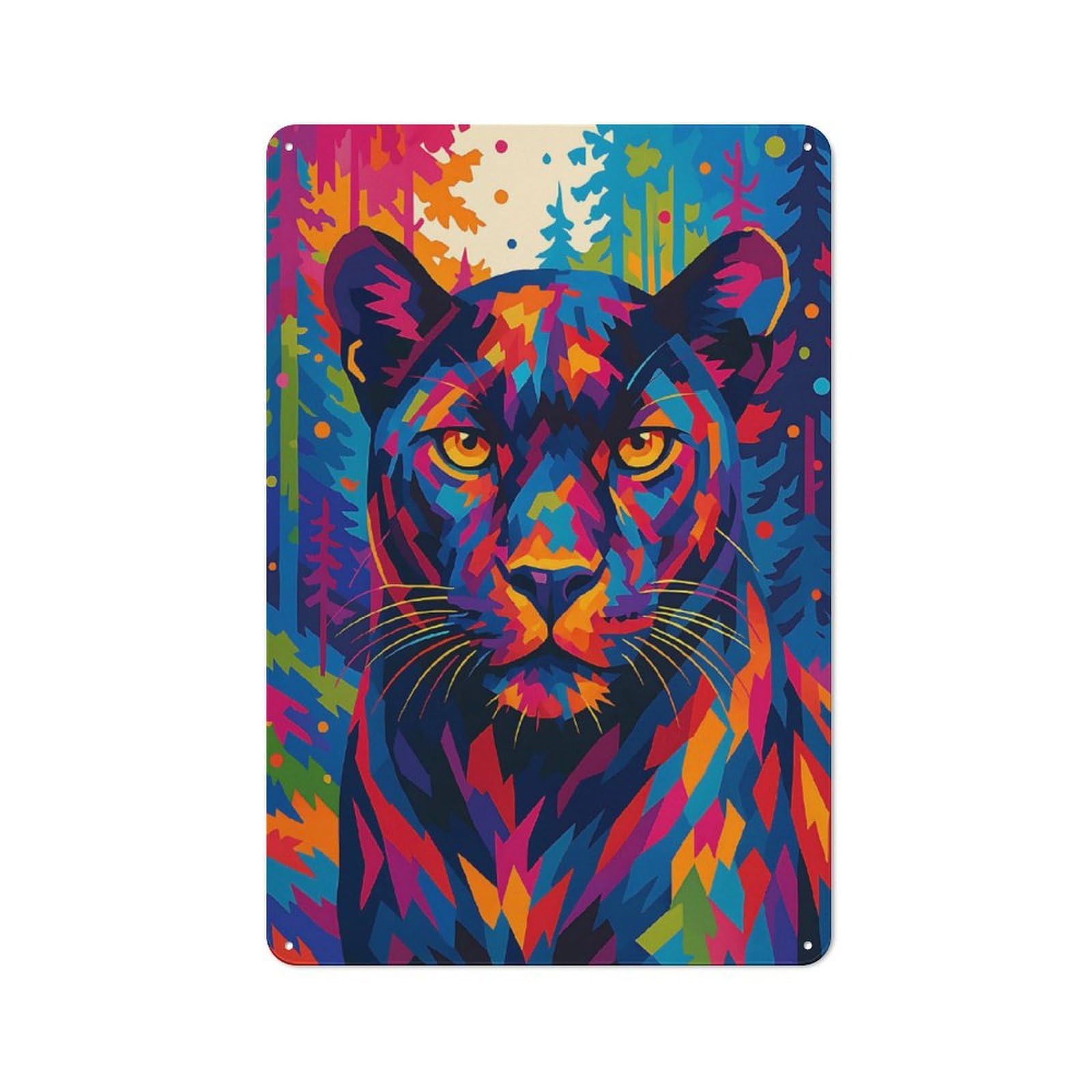 Junmoney Style-19 Colorful Panther Portrait In Forest Cafe Metal Sign 30X20cm, Vintage Restaurant Wall Art For Tea Room, Shop Wall Or Breakfast Area