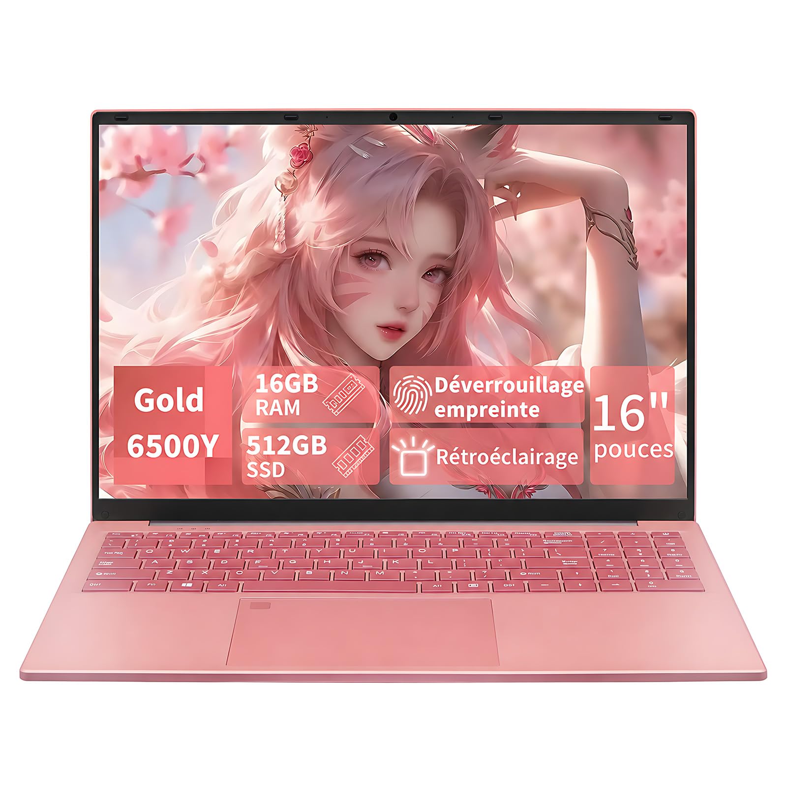Ordinateur Portable 16 Pouces,Win11 Pro Pentium Gold 6500Y,16 Go RAM,Écran IPS 1920×1200,Avec une protection de clavier AZERTY en français,Wi-Fi 5,PC Portable Léger (Or Rose, 16GB+512G SSD)