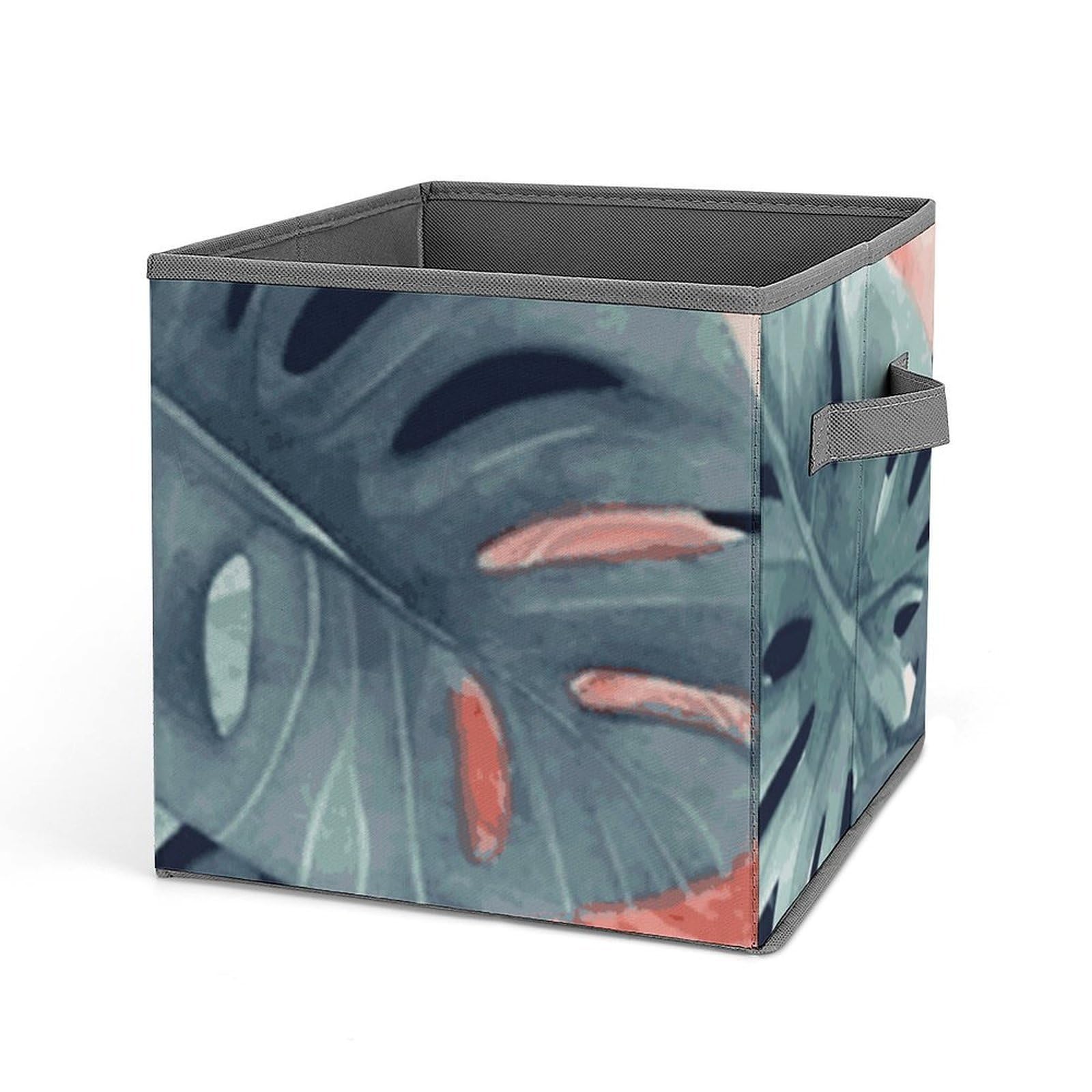 BTCOWZRV Watercolor Monstera Pattern Cube Storage Bins - 11 Inch Heavy Duty Fabric Closet Bins for Shelves, Cube Organizer - Collapsible Storage Boxes with Handle Decorative Clothing Storage Baskets