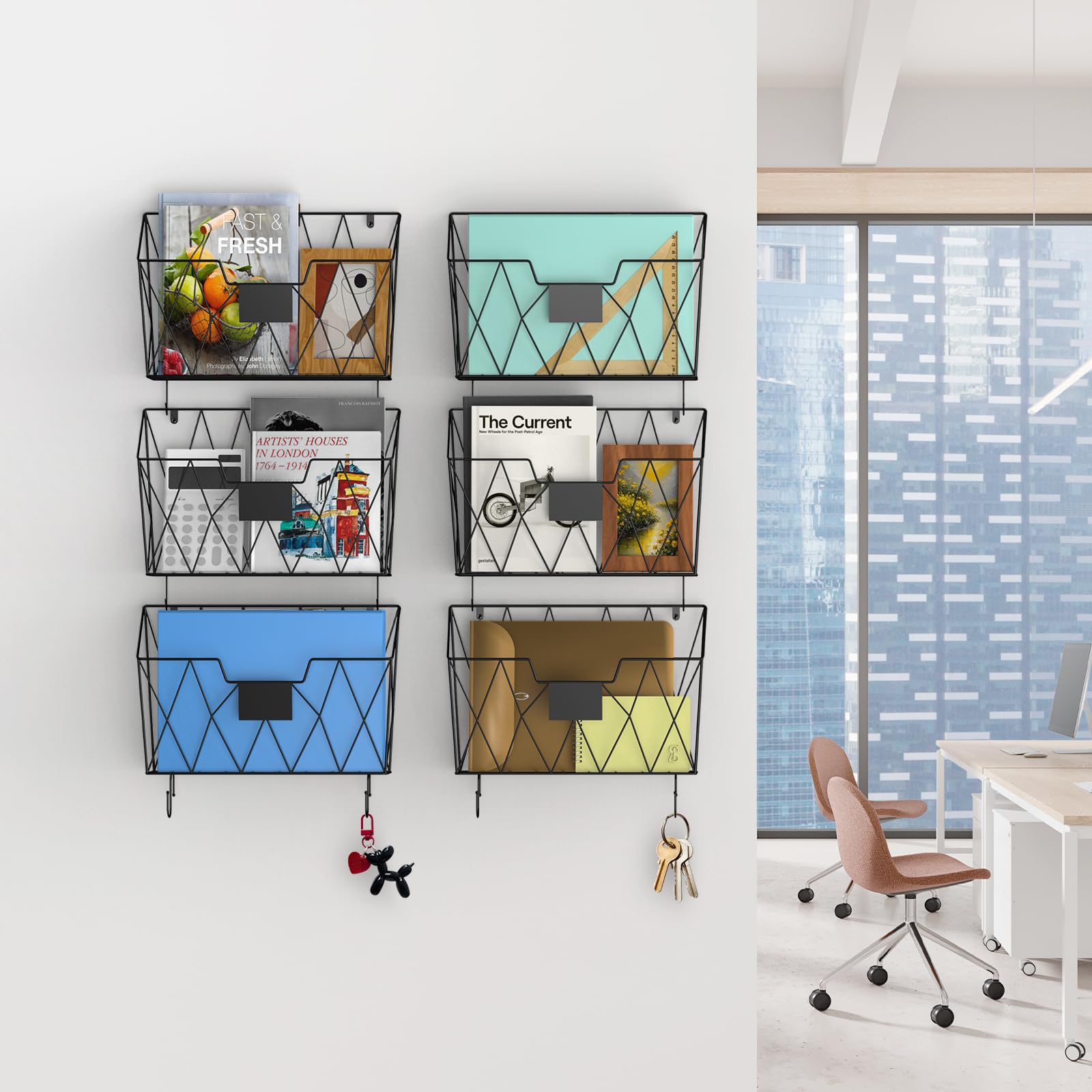 6-Piece Wall-Mounted Magazine Rack A4 Newspaper Holder, Hanging Metal Magazine Rack Wall File Holder Document Holder with 4 Hooks, Black