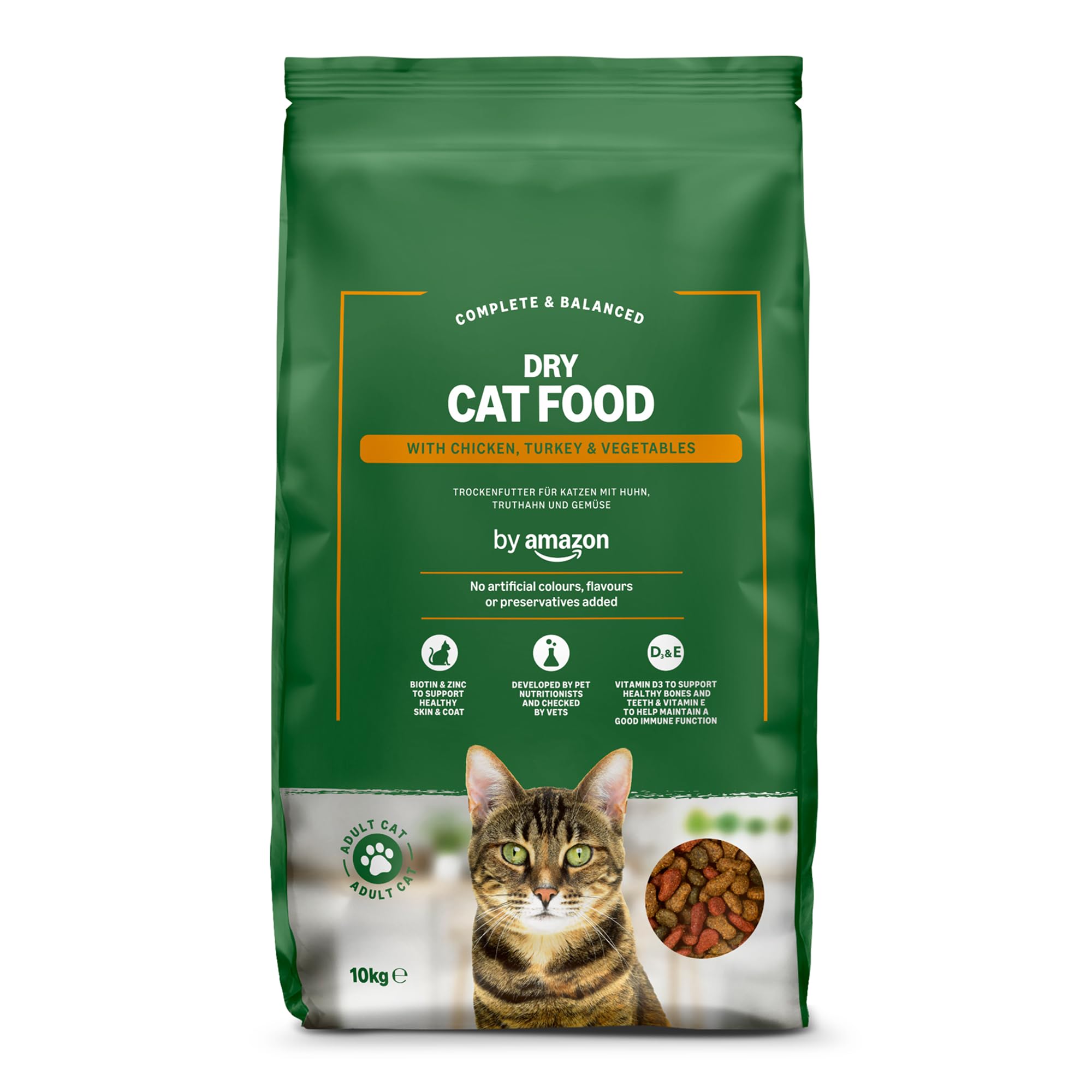 by Amazon - Complete Dry Adult Cat Food with Chicken, Turkey & Vegetables, 10 kg (Pack of 1)