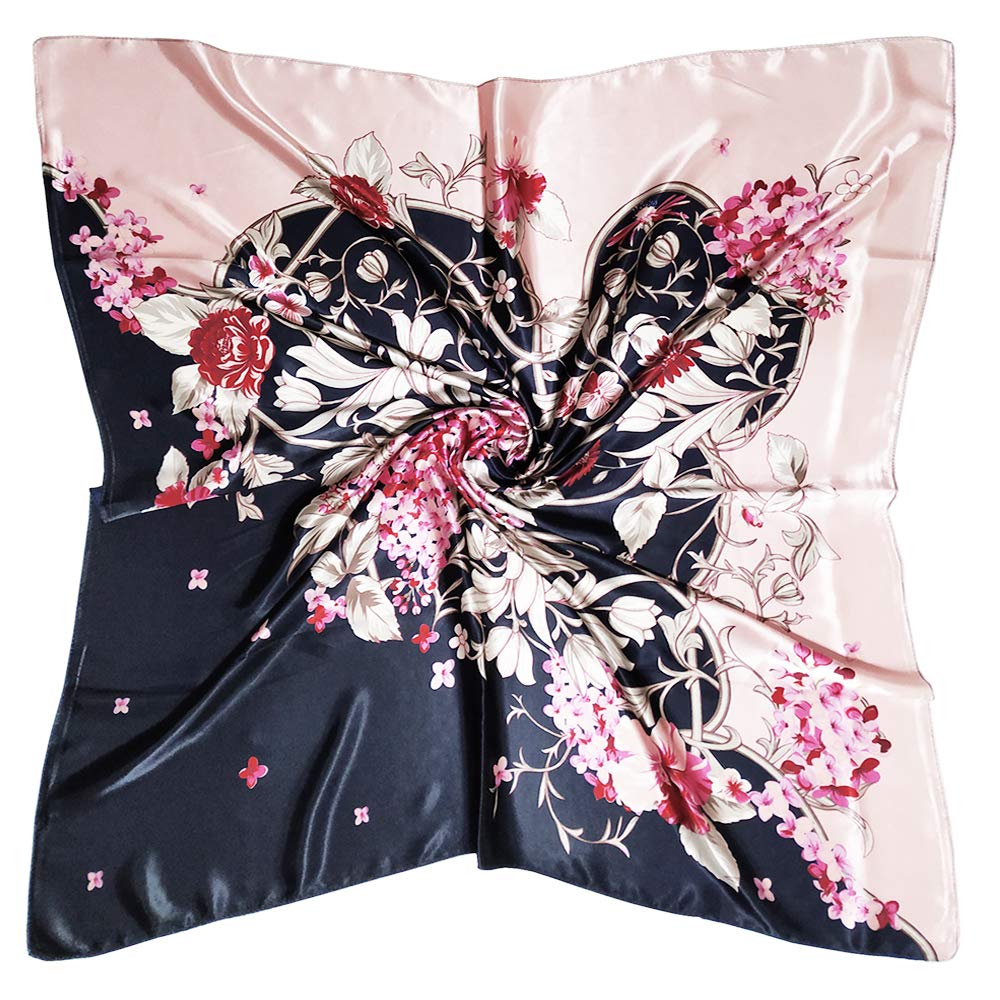 Vabovin Women's 023 Oxford Blue Pink Flowers 35" Polyester Silk Feeling Square Hair Scarf Headscarf (Oxford Blue Pink Flowers)