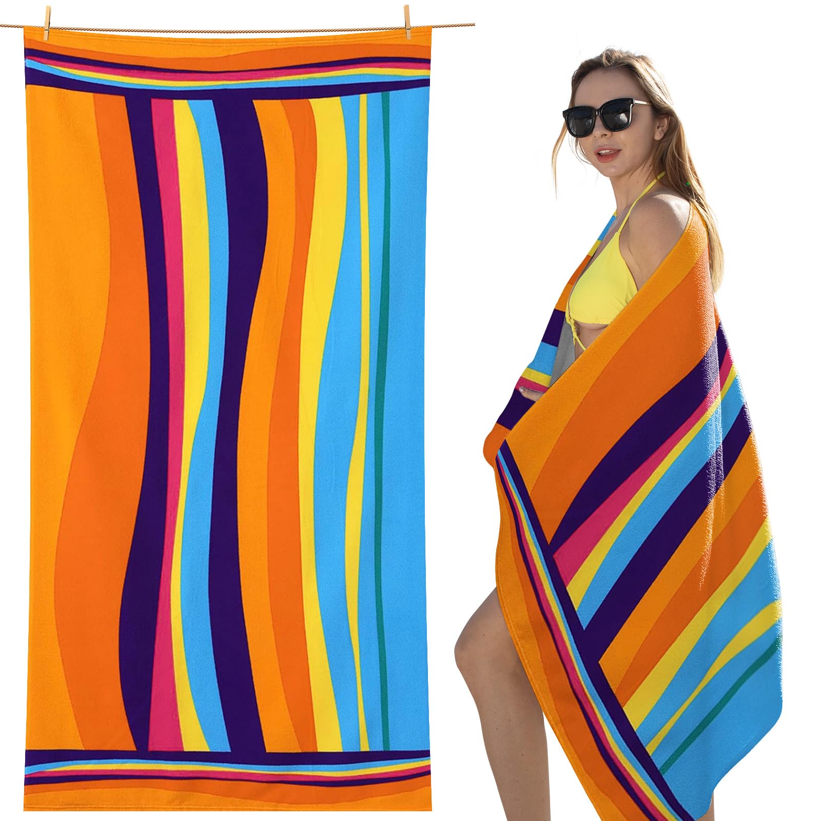 cabanana Ręcznik plażowy z mikrofibry oversize - szybkoschnące ręczniki plażowe, lekki, cienki, kompaktowy, do podróży, duży rozmiar 70 x 40, ręcznik basenowy, niezbędne rzeczy plażowe (fale)