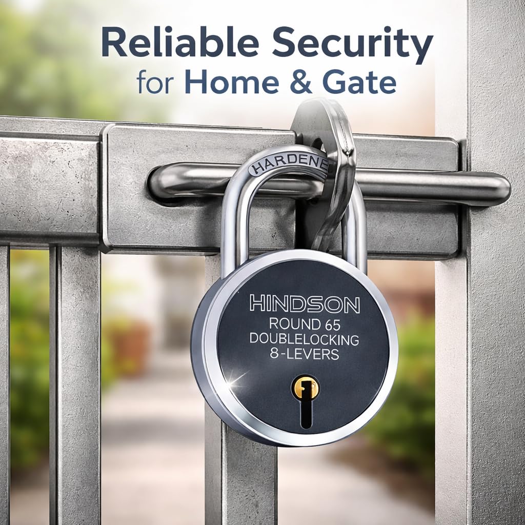 HINDSON Round 65mm Padlock | Heavy Duty Metal Body Lock | Double Locking | 8 Steel Levers | 6 Silver Keys with Keychain | Silver Finish | Home Improvement | Made in India — Amazon image 7