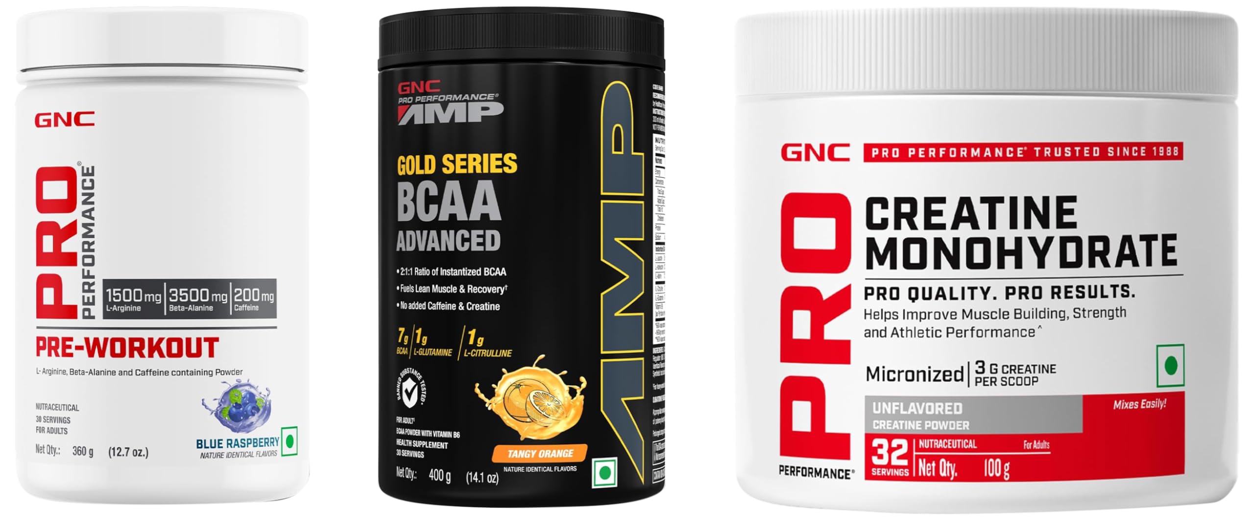 GNC Pro Performance Pre-Workout | 360 gm | Blue Raspberry + AMP Gold Series BCAA Advanced | 400 gm | Tangy Orange + Creatine Monohydrate | Unflavoured | 100gm (Combo Pack)-image-19