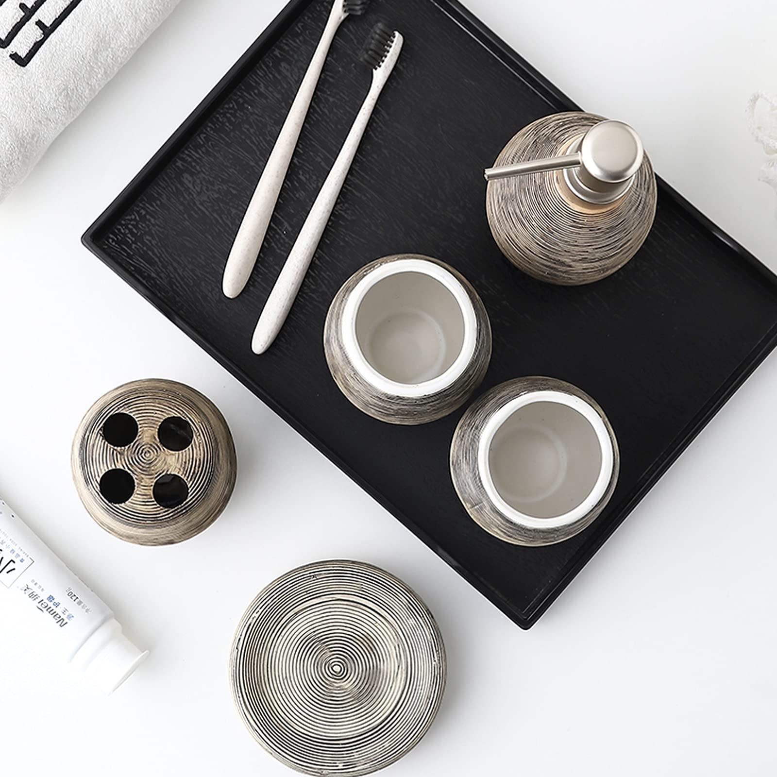Bad-Accessoires Set Keramik Badezimmer 6-Teilig Mit Seifenspender Zahnbürstenhalterung Seifenschale Becher Und Ablagefach Luxuriöses Badezimmer-Set,Braun