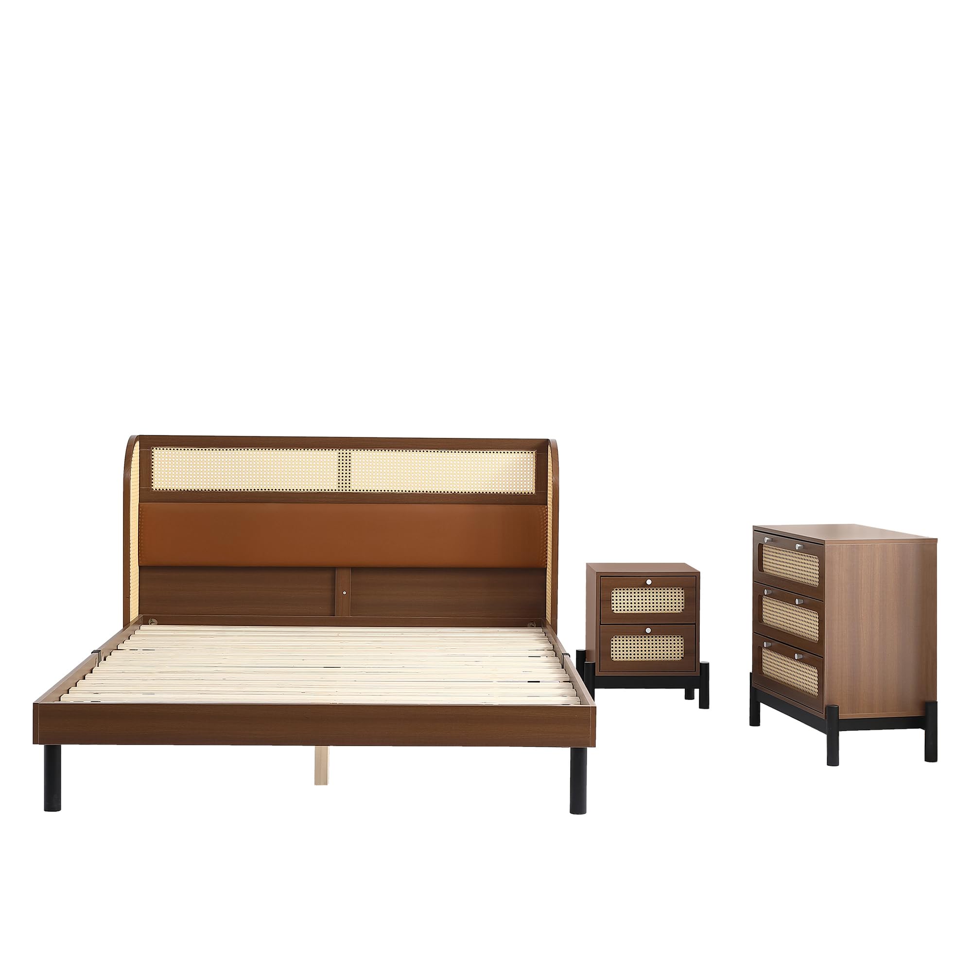 Set di 3 camere da letto complete, in rattan moderno, letto matrimoniale, comodino+cassettiera, 160 x 200 cm, letto matrimoniale con imbottitura in poliuretano e rattan, comodino con 2 cassetti,
