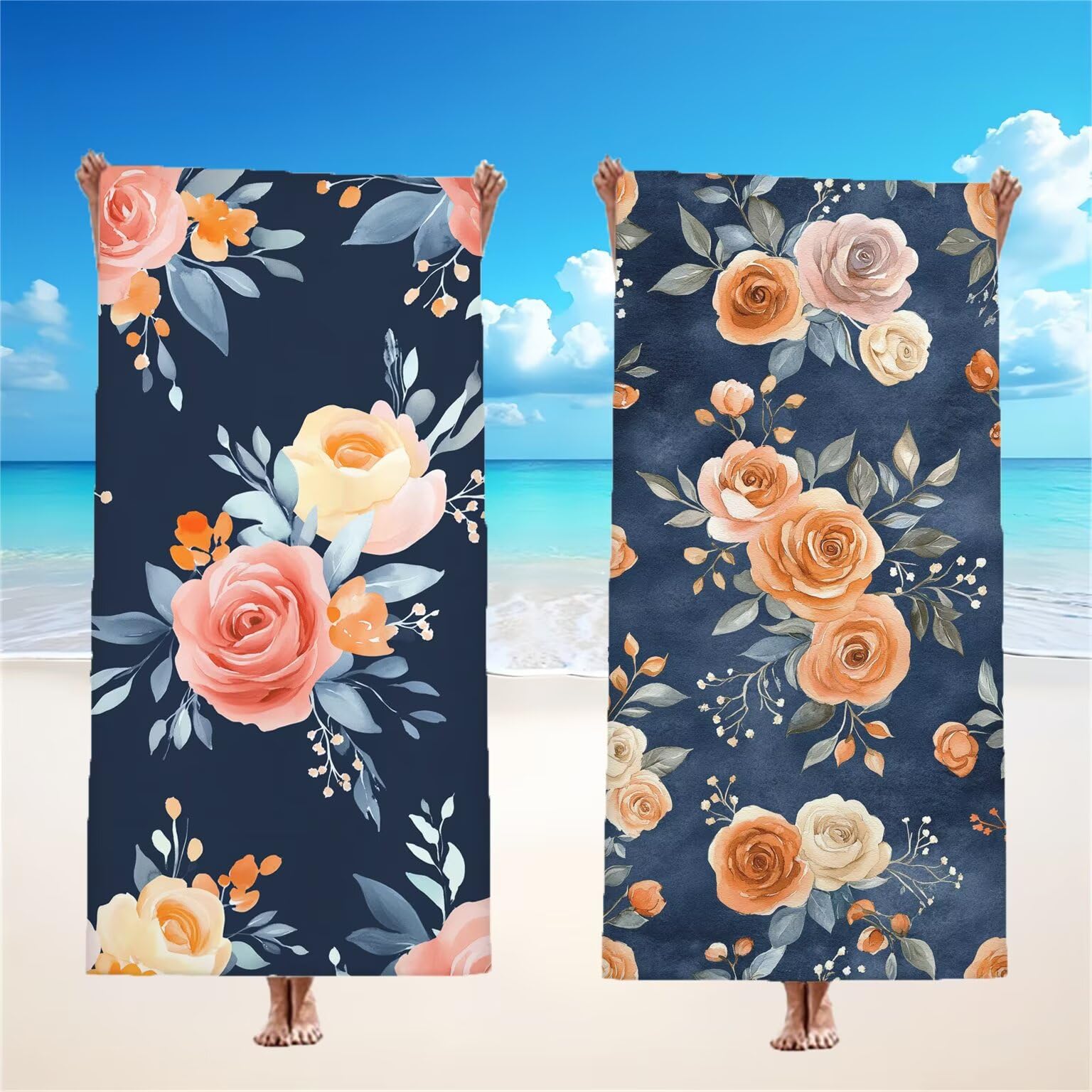 Maintenant Serviette de Plage 220x100cm Lot de 2, Fleurs Serviette Microfibre Ultra Absorbantes Séchage Rapide Anti Sable Léger Transport Compacte Drap de Plage pour Piscine Voyages Sauna, Model573