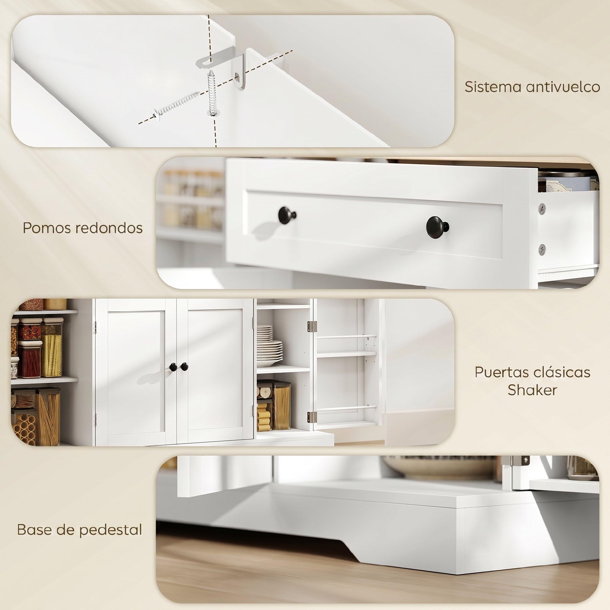 HOMCOM Aparador Armario de Cocina Moderno con Cajón 138x40x83,5 cm Blanco | Estantes en las Puertas, Estantes Ajustables, Barra de Café, para Cocina, Comedor