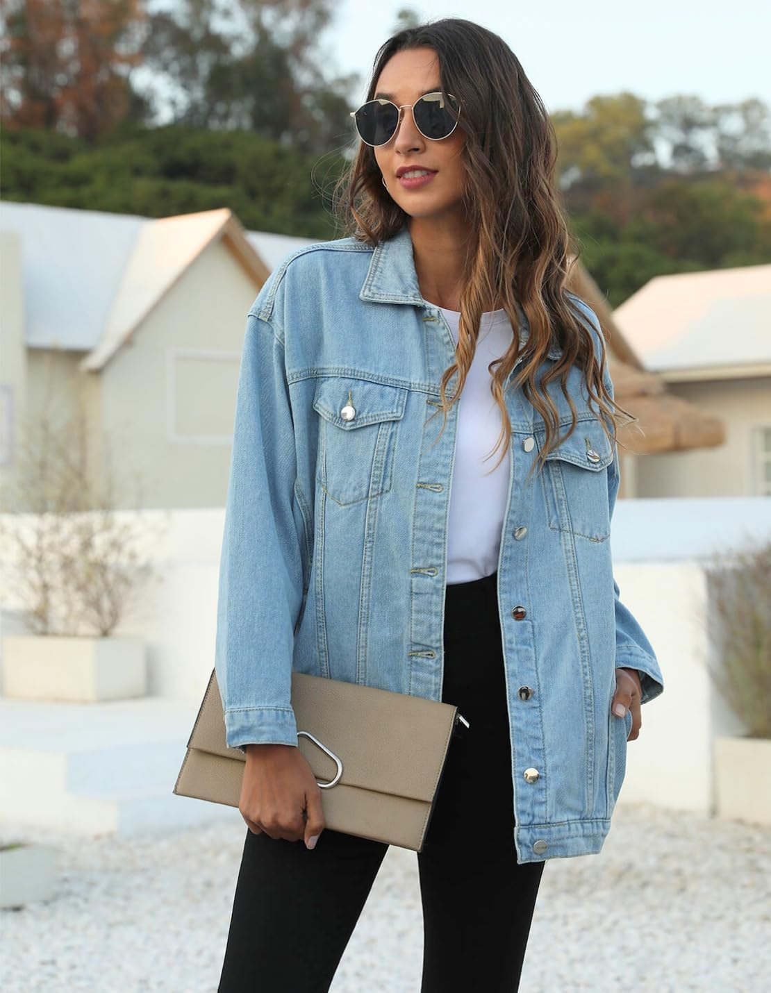 PUWEI Women's Oversized Denim Jacket Distressed Lapel Button Up Long Sleeve Jean Jacket with Pockets(1452-LightBlueX1-S) - Image 2