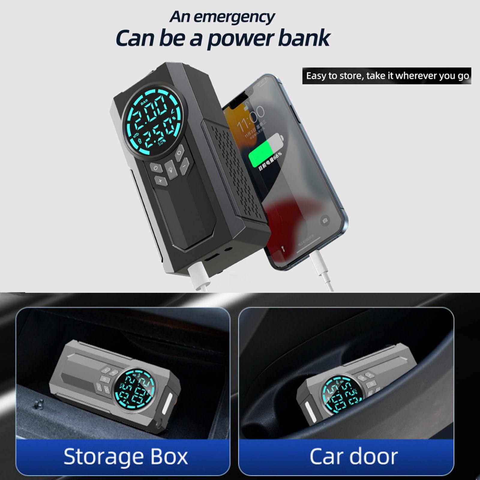 Samochodowa sprężarka opon, sprężarka powietrza, elektryczna pompa do opon samochodowych z manometrem, 8400 mAh, ładowanie typu C, 160 psi, do samochodów, rowerów, piłek i motocykli