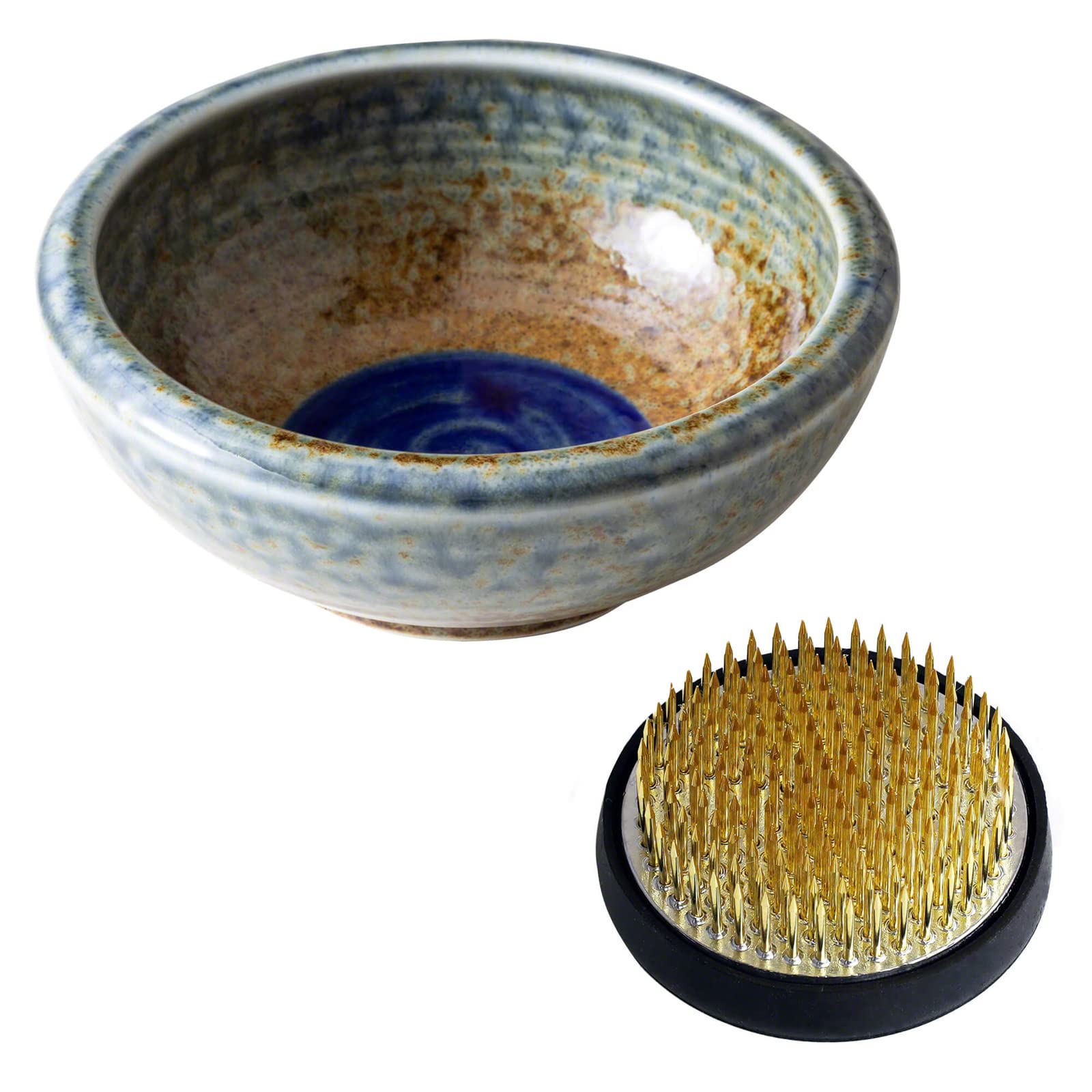 Wazakura Minoyaki Kit Strumenti Essenziali Per Ikebana - Vaso Rotondo In Ceramica Per Fiori E Pin Kenzan (Vaso Marrone E Blu + Kenzan In Ottone Da 61 Mm)-image