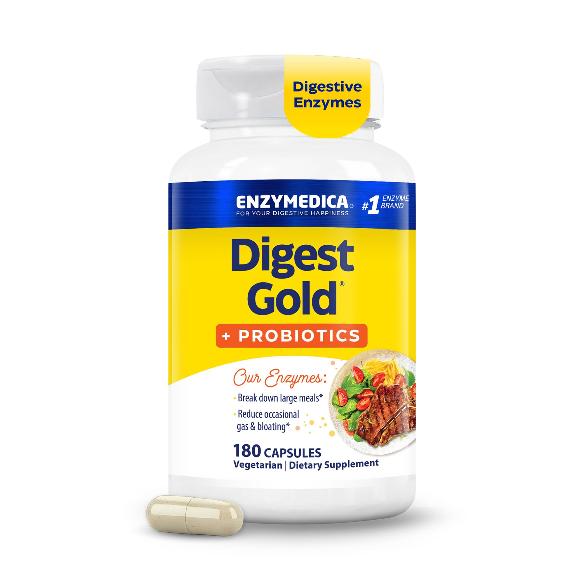 Enzymedica Digest Gold + Probiotics - Helps Gas & Bloating - 180 Caps 180 Count (Pack of 1)