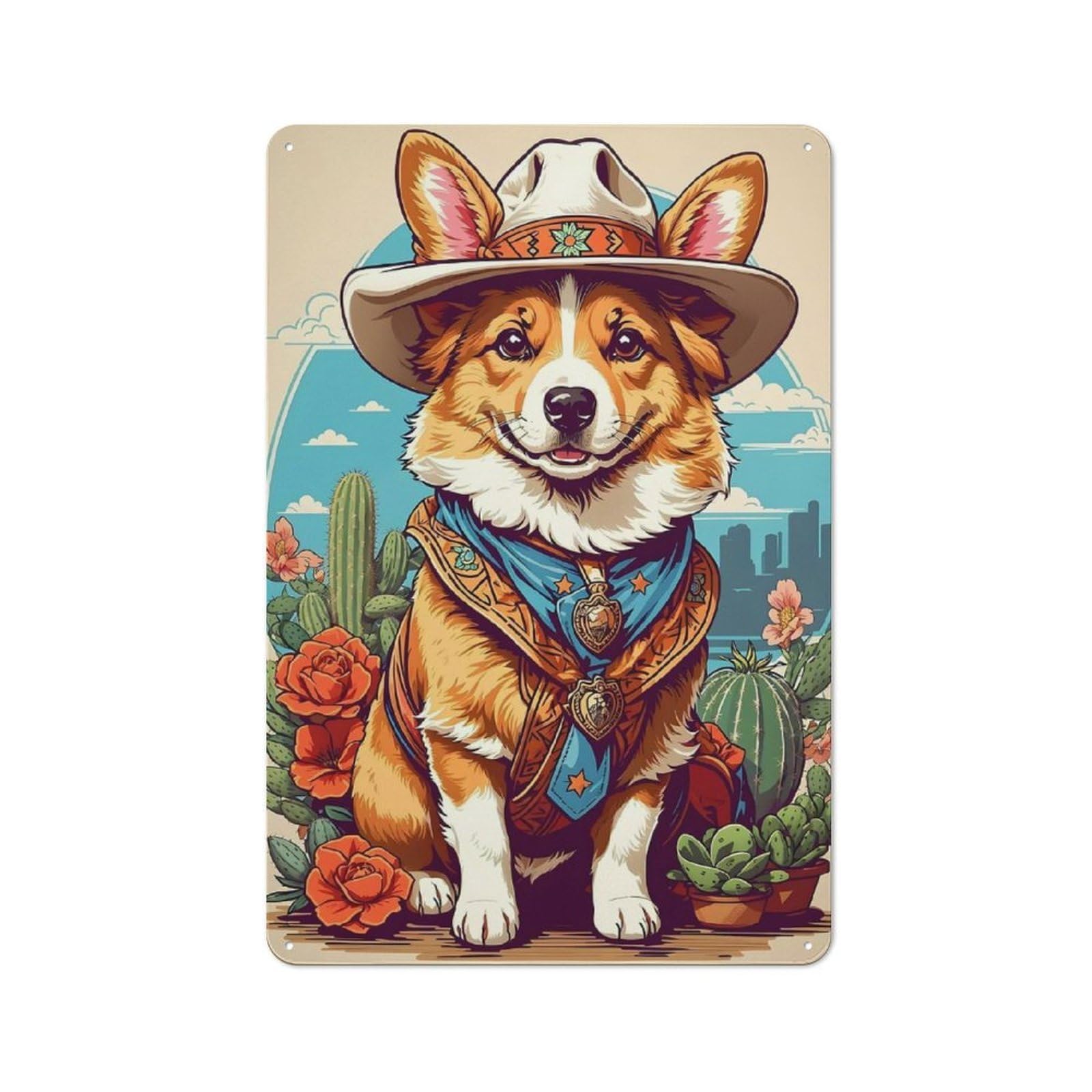 Junmoney Corgi Cowboy Rustic Tin Sign 30X20cm Featuring For Bar Or Restaurant, A Housewarming Gift For Bar Decor Enthusiasts