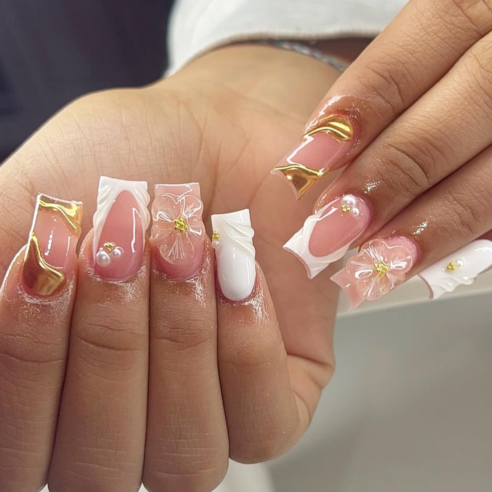 Gold Press on Nails White French Tip Fake Nails Medium Square False Nails with 3D Pearl Designs Embossed Flower Acrylic Nails Reusable Artificial