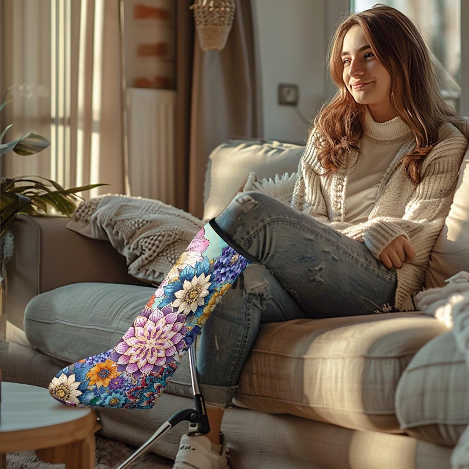 LedBack Boho Cast Cover for Leg Vintage Flower Cast Sleeve Breathable Cast Protector for Legs Replacement Surgery, Wound, Burns, Size M