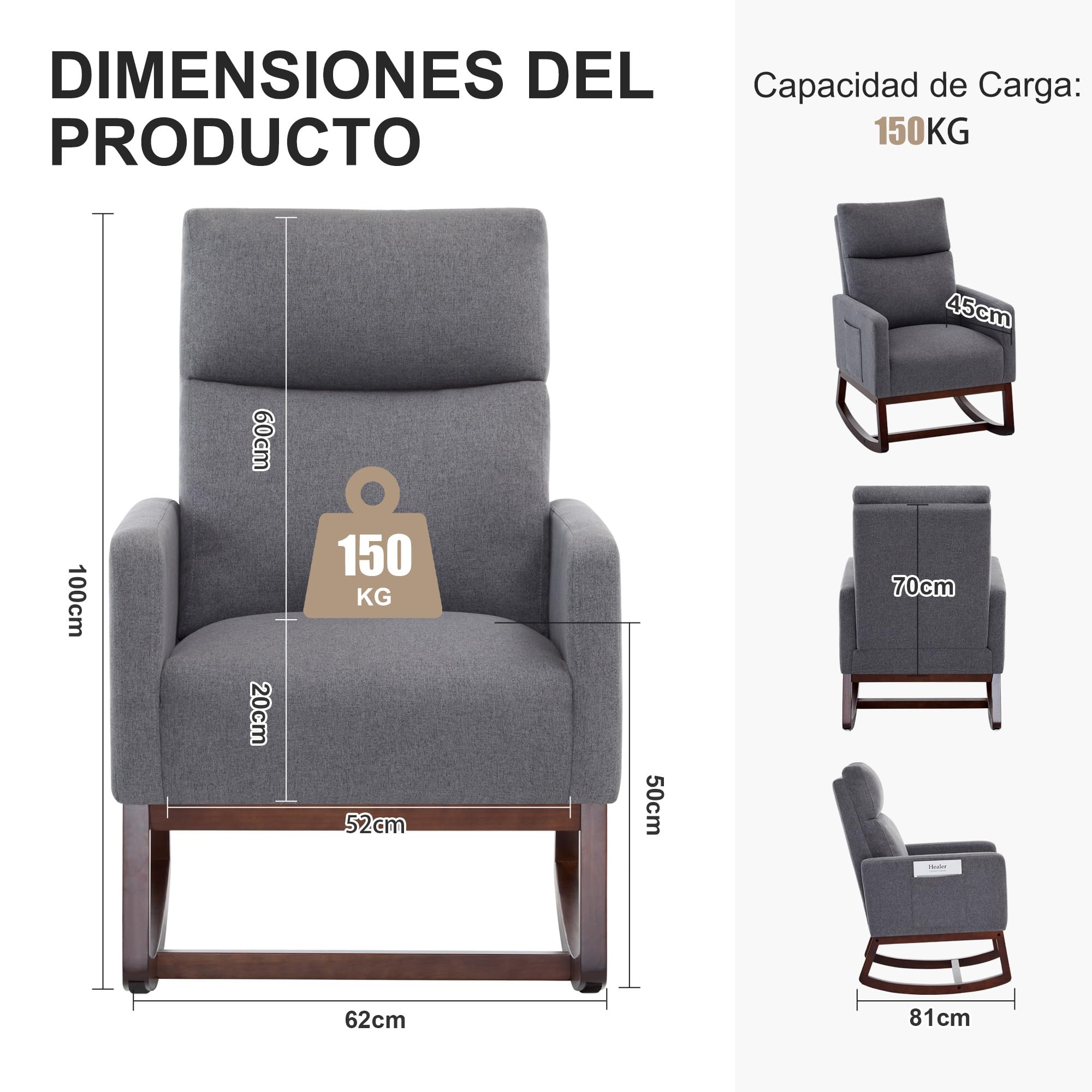 Silla Mecedora de Lactancia Lino, Respaldo Alto, Bolsillos Laterales, Patas de Madera (Gris Carbón)