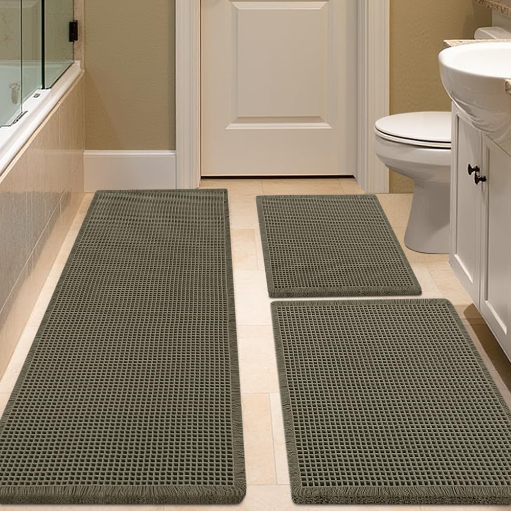 IM HOME Waffle Bath Mat Set 3 Piece Olive Green,Woven Modern Bath Rug Mats, Absorbent Non Slip Bath Floor Mat, Soft Washable Boho Bath Rugs with