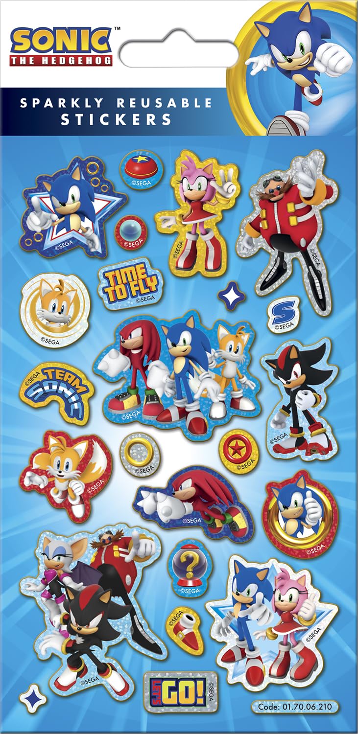 Sonic the Hedgehog Sparkly Reusable Foil Stickers | Official SEGA Licensed Product | Fun and Reusable on Non-Porous Surfaces | Kids 3+, Birthday Gifts, Party Bags, Arts & Crafts, Scrapbooking