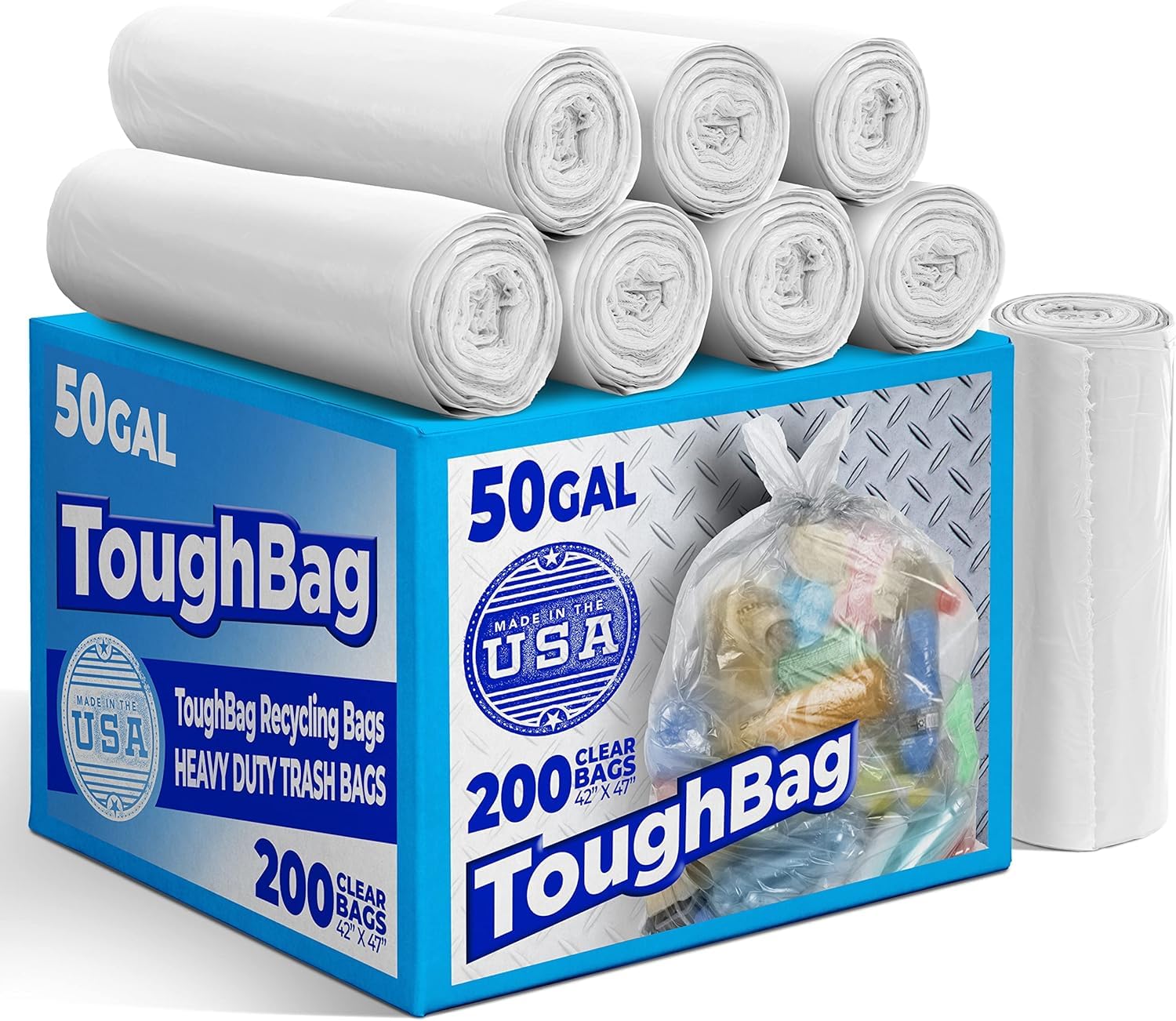 ToughBag 50 Gallon Trash Bags Heavy Duty Clear Trash Bags 200 COUNT - Made in USA