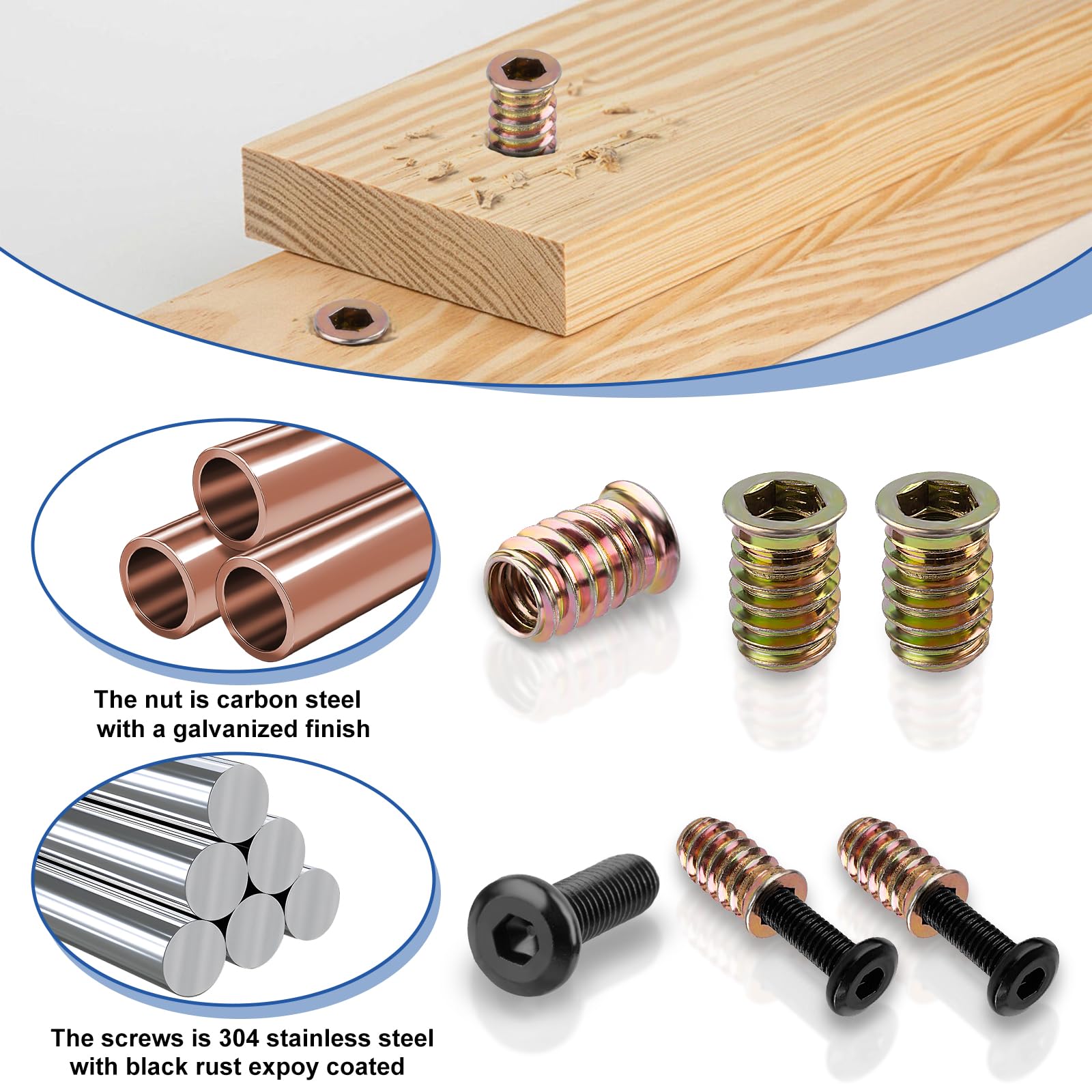 FandWay 15 Sets M8x30mm Furniture Screw Nut,M8x20mm Threaded Inserts for Wood,Connector Bolts and Nuts Set,Flat Head Allen Screw-in Nuts,Hex Socket Drive with Wrenches - Image 4