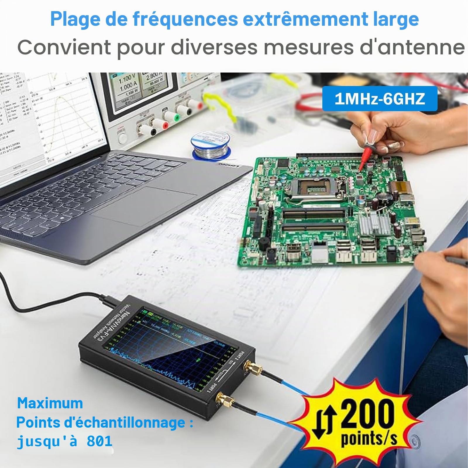 AURSINC NanoVNA-F V3 Mesureurs d'ondes Analyseur de Réseau Vectoriel Amélioré : Écran 4,3", 1MHz–6GHz, 801 points, RTC temps réel, mesure VSWR/S/phase/délai, diagramme de Smith
