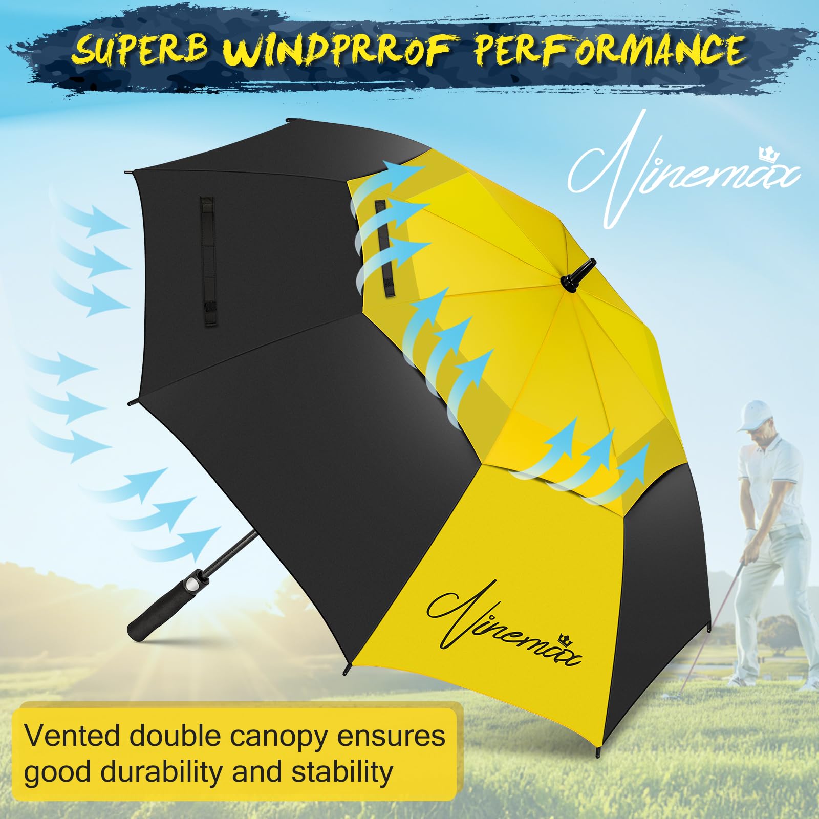 NINEMAX Parapluie De Golf Solide 62/68 Inch Parapluie De Golf Grande Taille Automatique Ouverture Parapluie Grand Résistant au Vent pour Homme Femme