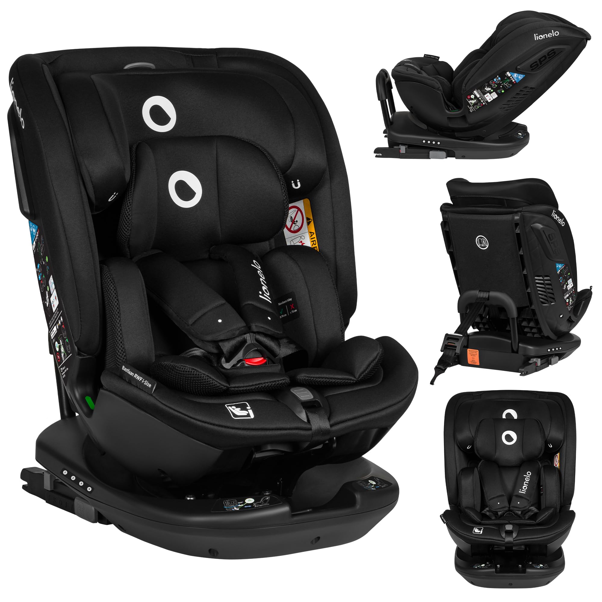 LIONELO Bastiaan RWF I-size Fotelik Samochodowy Obrotowy 360o dla Dzieci 0-36kg, Montaż Przodem i Tyłem (18 kg), ISOFIX Pas TopTether, Regulacja Zagłówka Pasów i Oparcia Ochrona Boczna Czarny