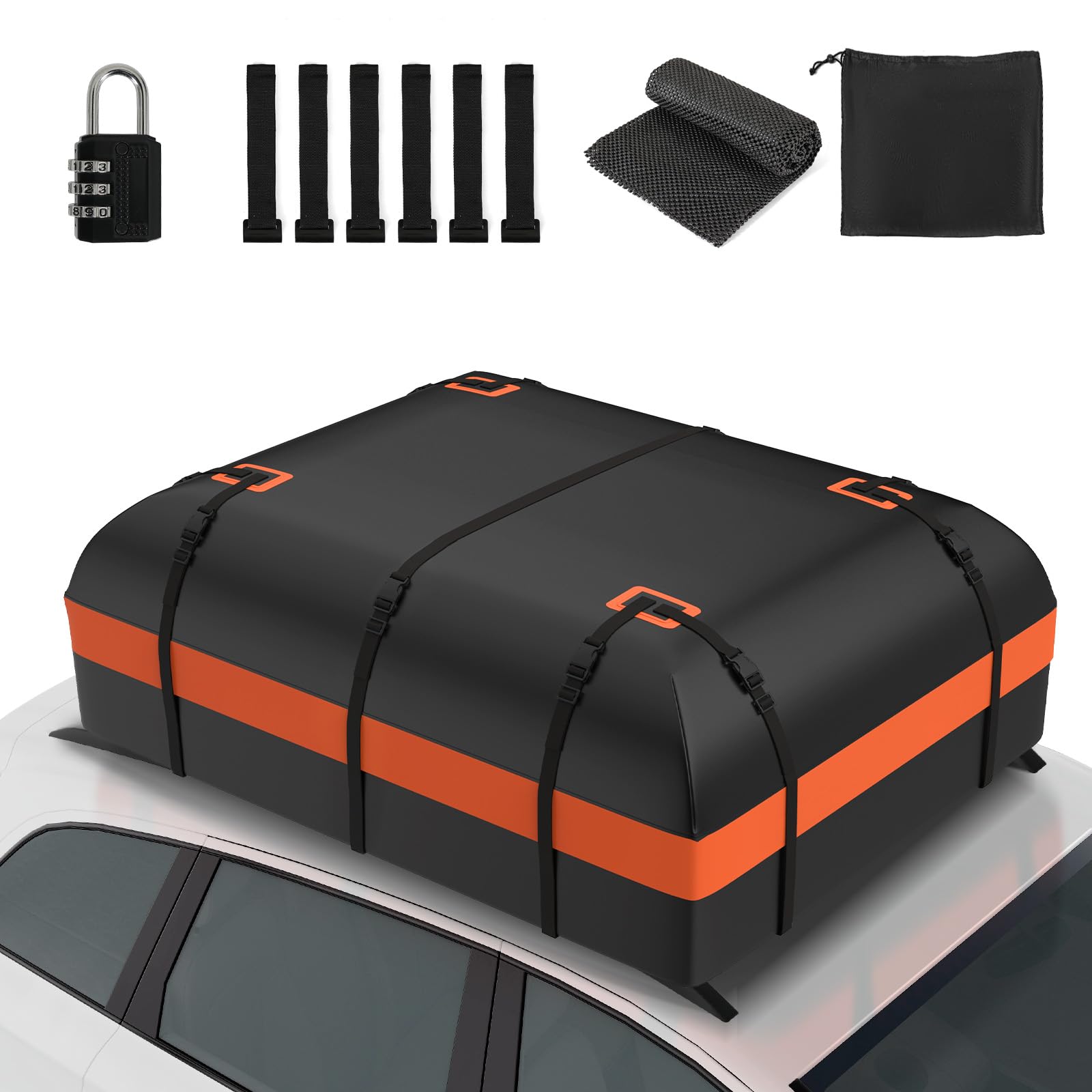 ZealWe Dachbox Auto 21 kubikfuß, Faltbare Dachtasche Dachkoffer Dachboxen Aufbewahrungsbox, Wasserdicht Dachgepäckträger Gepäckbox für Fahrzeuge mit/ohne Gepäckträger Gepäcktransport Vans, SUVs,Orange
