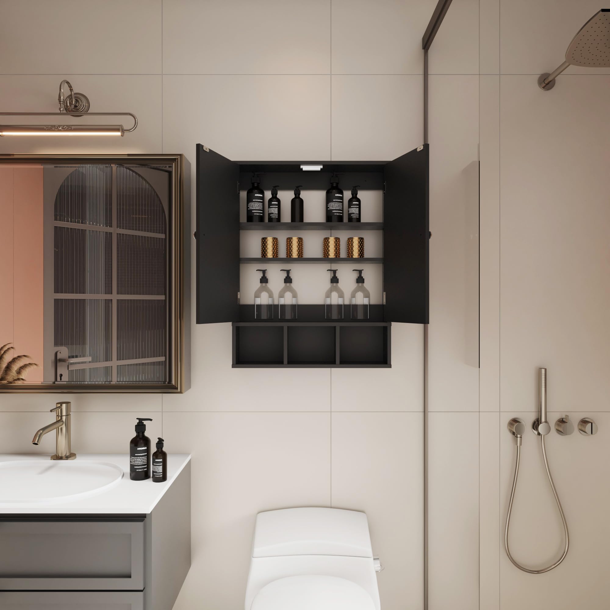 Botiquín de baño de 2 puertas con 3 estantes abiertos, sobre el inodoro, armario de medicina montado en la pared con divisiones ajustables, gabinete de baño para baño, sala de estar, cocina, color
