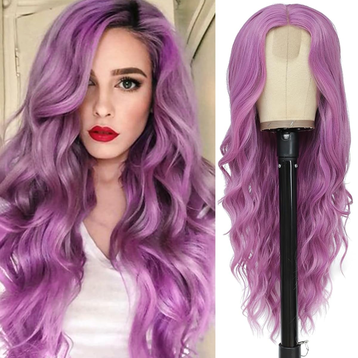 PORSMEER Long Purple Wavy Wig for Women 26 Inch Lace Middle Part Curly Wavy Wig Natural Looking Synthetic Heat Resistant Fiber Wig for Daily Party Use