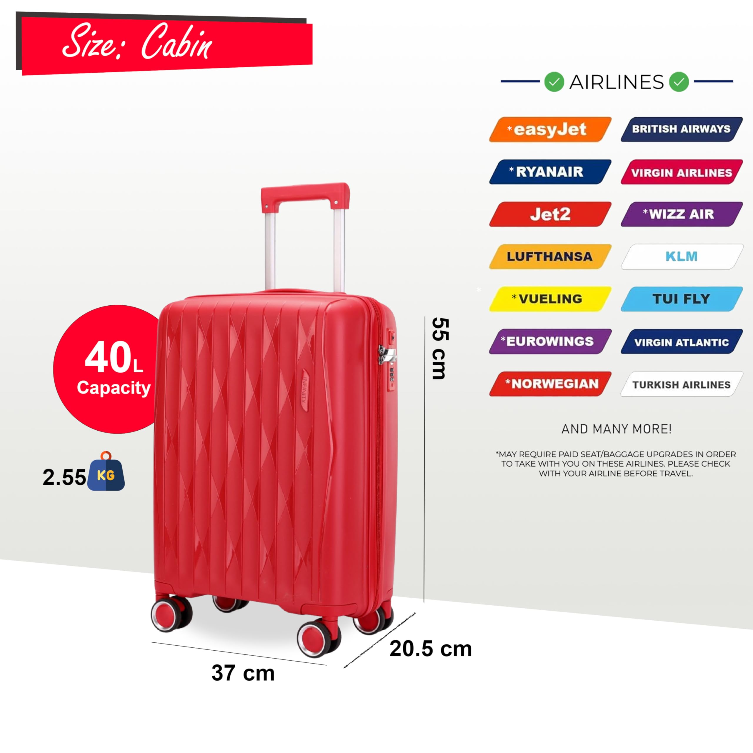 Infinity kabinowa walizka podręczna 50 cm, lekka, 4 kółka, 3-cyfrowy zamek TSA, twarda obudowa, bagaż podręczny, torba lotnicza do EasyJet Ryanair Birtish Airways i wszystkich innych linii lotniczych