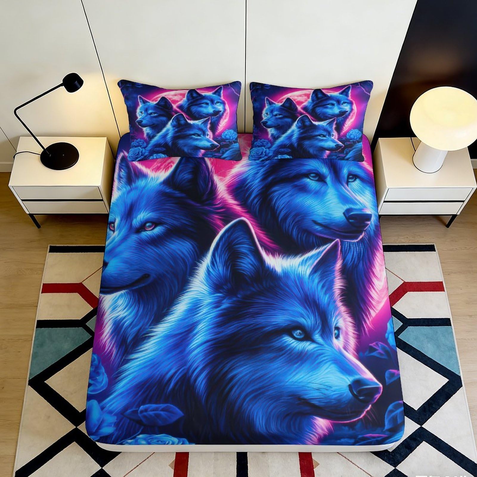 3D Printed Wolf Pattern Fitted Sheet Microfiber Bedroom Non-Slip Deep Pocket Full Wrap Wolf Mattress Fitted Cover Washable for Adults Teens 90x200x25cm