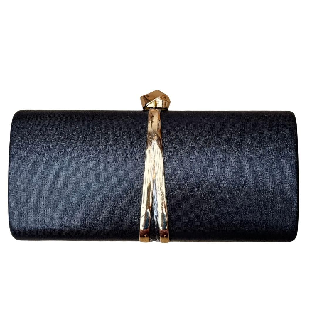 Midnight Luxe Black Evening Clutch Bag – Structured Hard Case Purse with Detachable Gold Chain Strap – Wedding, Party & Cocktail Handbag – 19.5 × 9 × 4.2 cm