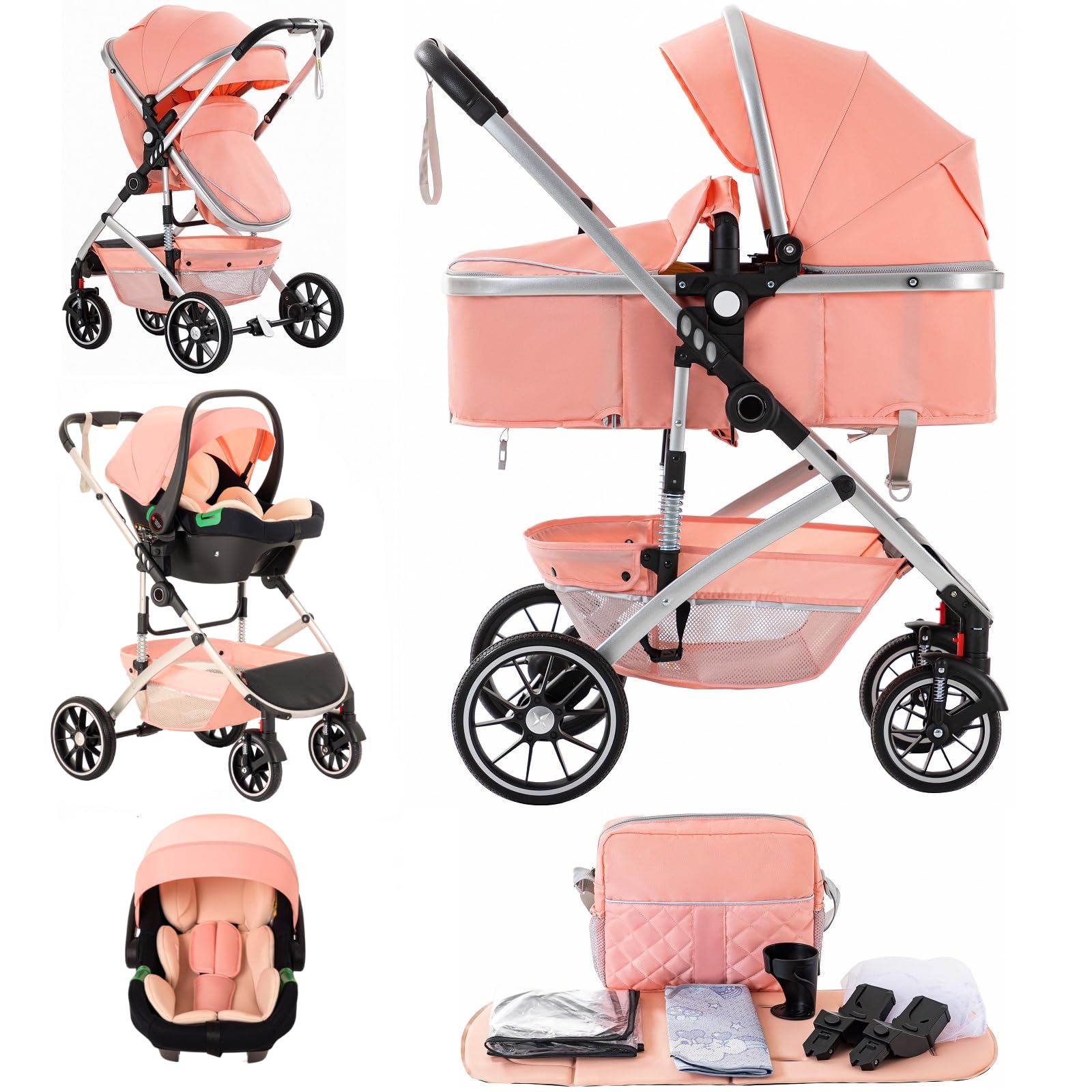 Lnhcrbs Kinderwagen 3 in 1,Reise Stroller Lässt Sich Schnell mit Einem Klick Zusammenklappen,Kinderwagen ist an den Vorderrädern abschließbar,Pram mit Großzügiger Ruhebereich(Rosa)