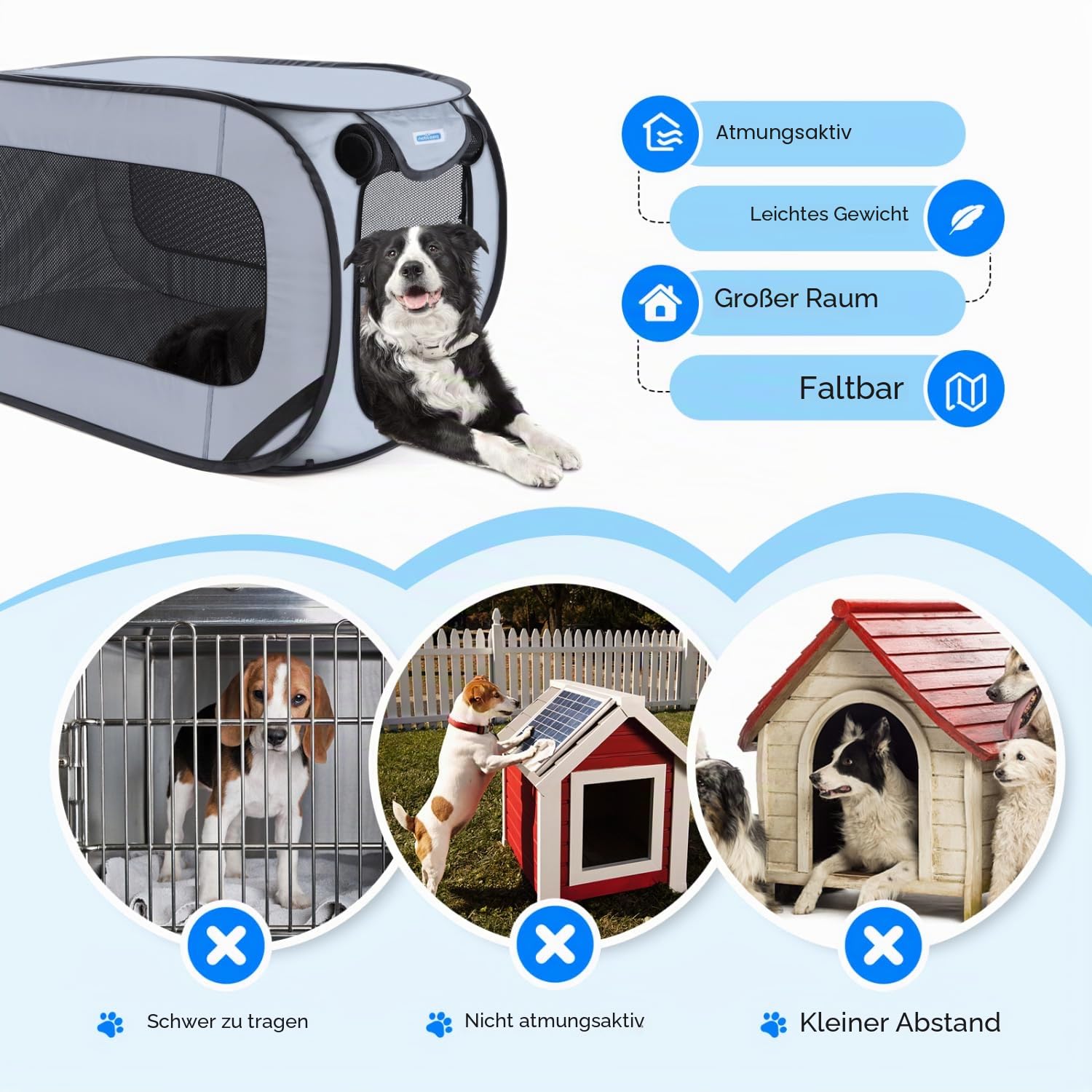 Nobleza Tragbarer Käfig für Hunde und Katzen im Auto, Faltbarer Laufstall für Hunde, 210D Versilbertes Wasserdichtes Oxford-Gewebe, Haustier-Laufstall, Geeignet für Drinnen und Draußen, 93*54*54 cm