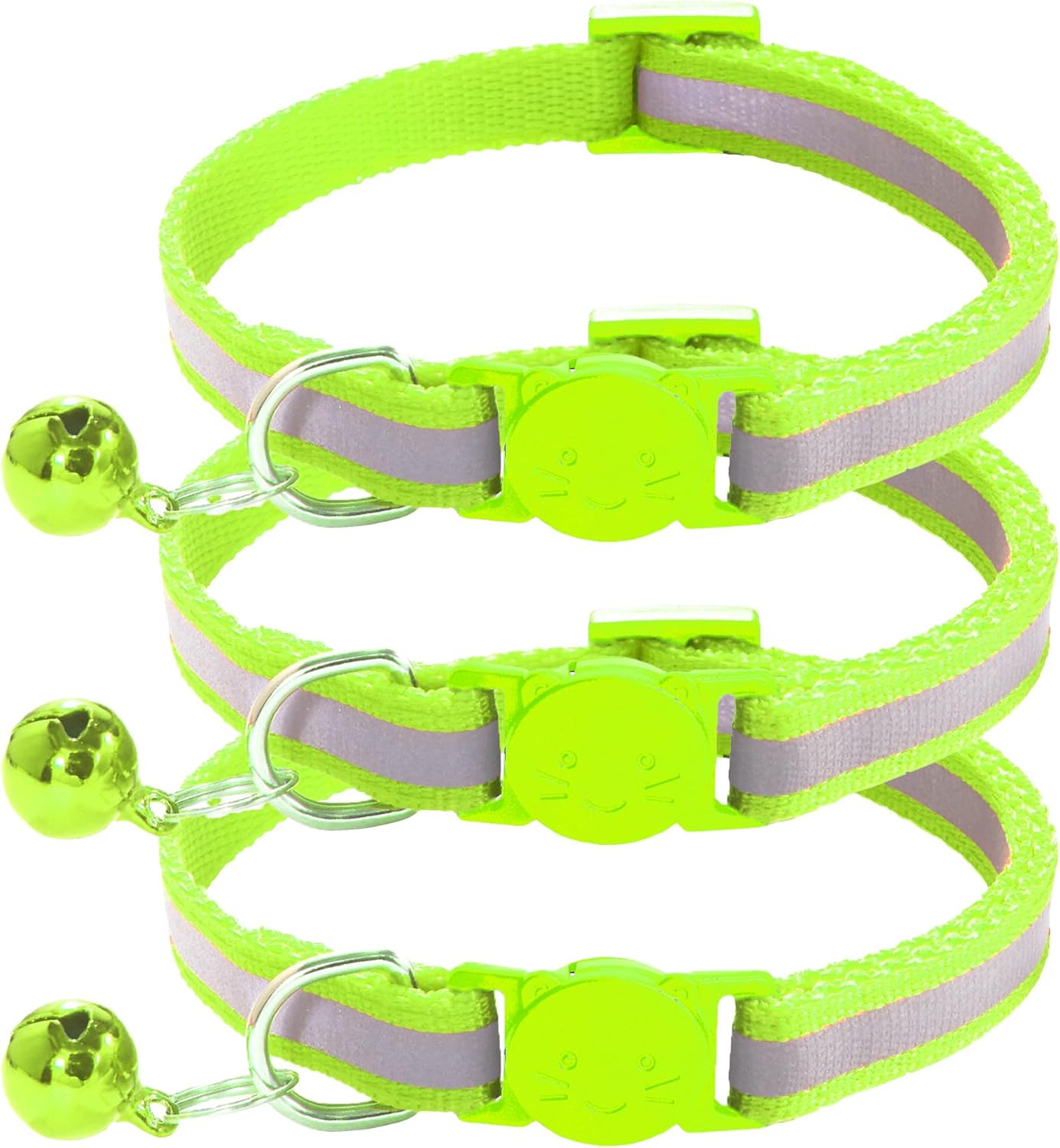 3 Pack Reflective and Breakaway with Bells of Cat Collar，Adjustable from 7.5 to 12.5 Inches, Ideal of Kitten Collar, Suitable for Girls and Boys (Fluorescent Green)