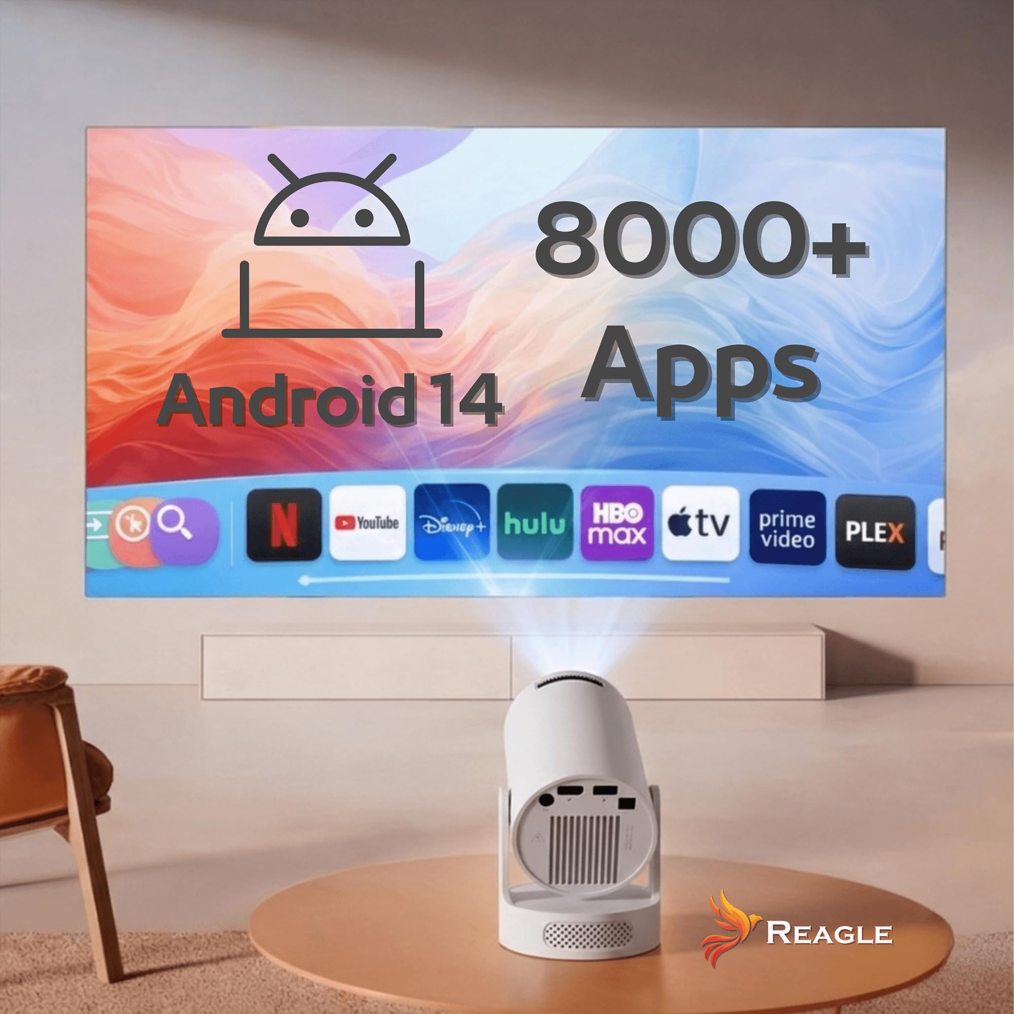 REAGLE R-Movielum-P10 Mini videoproiettore intelligente con Android 14, con supporto girevole a 180°, supporto Full HD e 4K 2GB+16GB 130", 260 ANSI, telecomando Home Theatre ± 40°