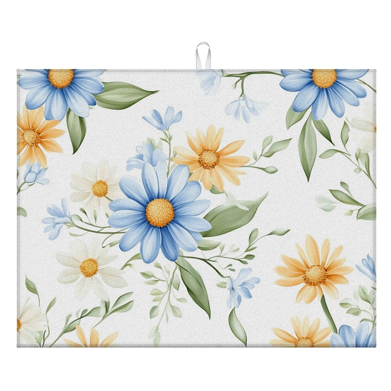 Kitchen Drying Mat 18x24 in Decorative Coffee Bar Mat for Kitchen Counter, Absorbent Dish Drying Mat with Pattern Kitchen Decor Countertop Protector for Coffee Station Sink Area-Blue Daisy