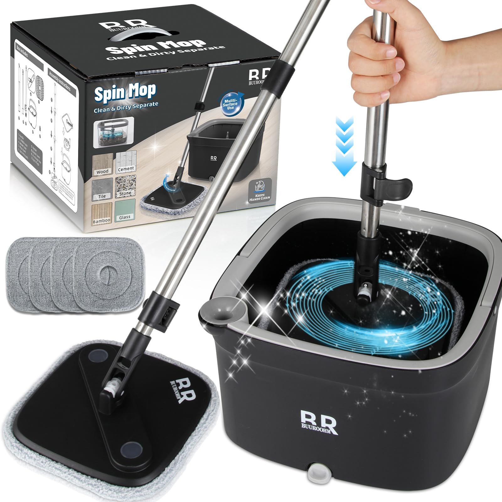 Juego de cubo giratorio para fregona con escurridor giratorio 360 y 4 cabezales de almohadilla de microfibra telescópica, mango fácil de presionar con juego de organizador de limpieza en seco